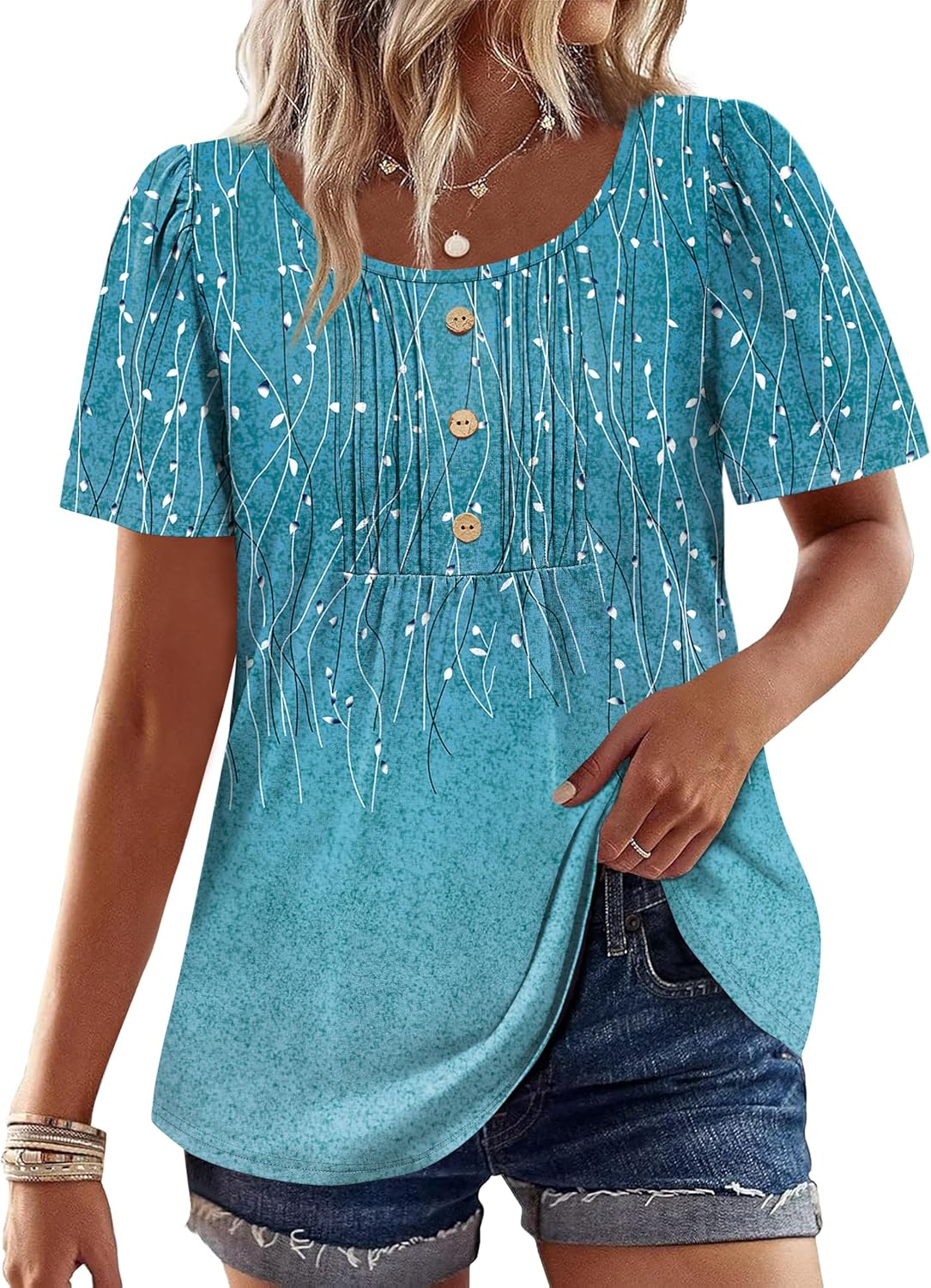 Womens Tops Dressy Casual Blouses Short Sleeve Shirts Plus Size Fashion Clothing Spring Summer Outfits Button Pleated Front