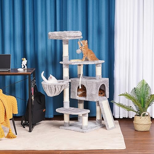 Miniatura 2 de Heybly - Torre de gato para interior muebles de gato de varios niveles con cuenco de alimentación y tabla de rascar Beige, Gris Claro, Gris ahumado
