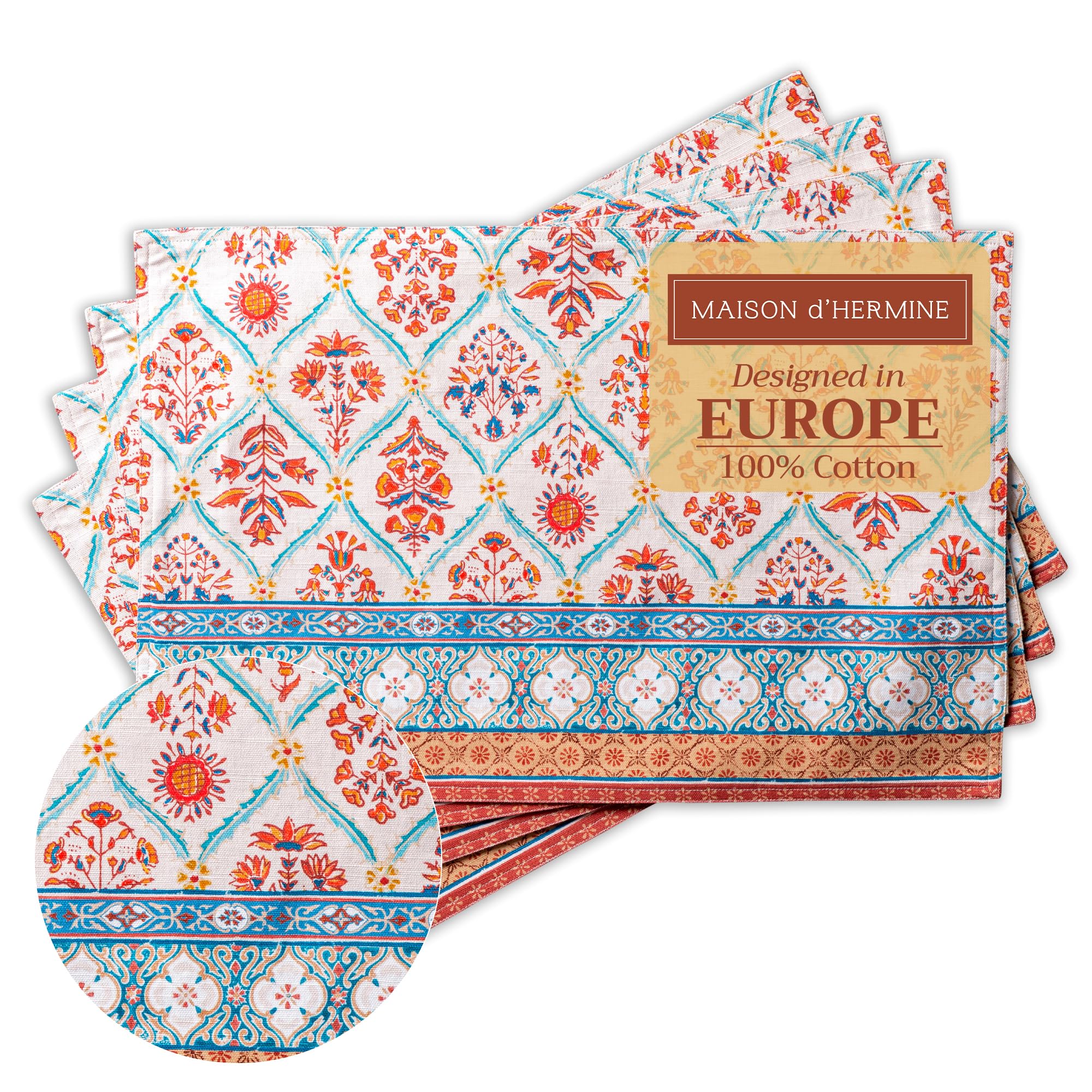 Maison D'hermine Romane Set Di 4 Tovagliette 100% Cotone, Per Tavolo Da Pranzo, Cucina, Matrimonio, Uso Quotidiano, Cene, Ringraziamento/Natale (33Cm X 48Cm)-image