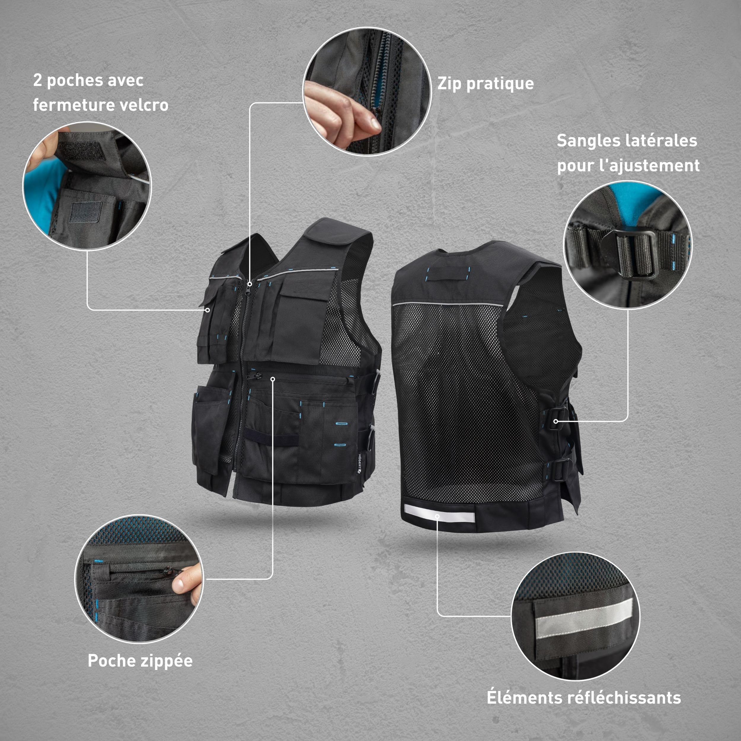 Högert Technik Gilet à outils noir | Tissu 100% polyester Oxford 600D | Gilet de travail pour homme avec de nombreuses poches