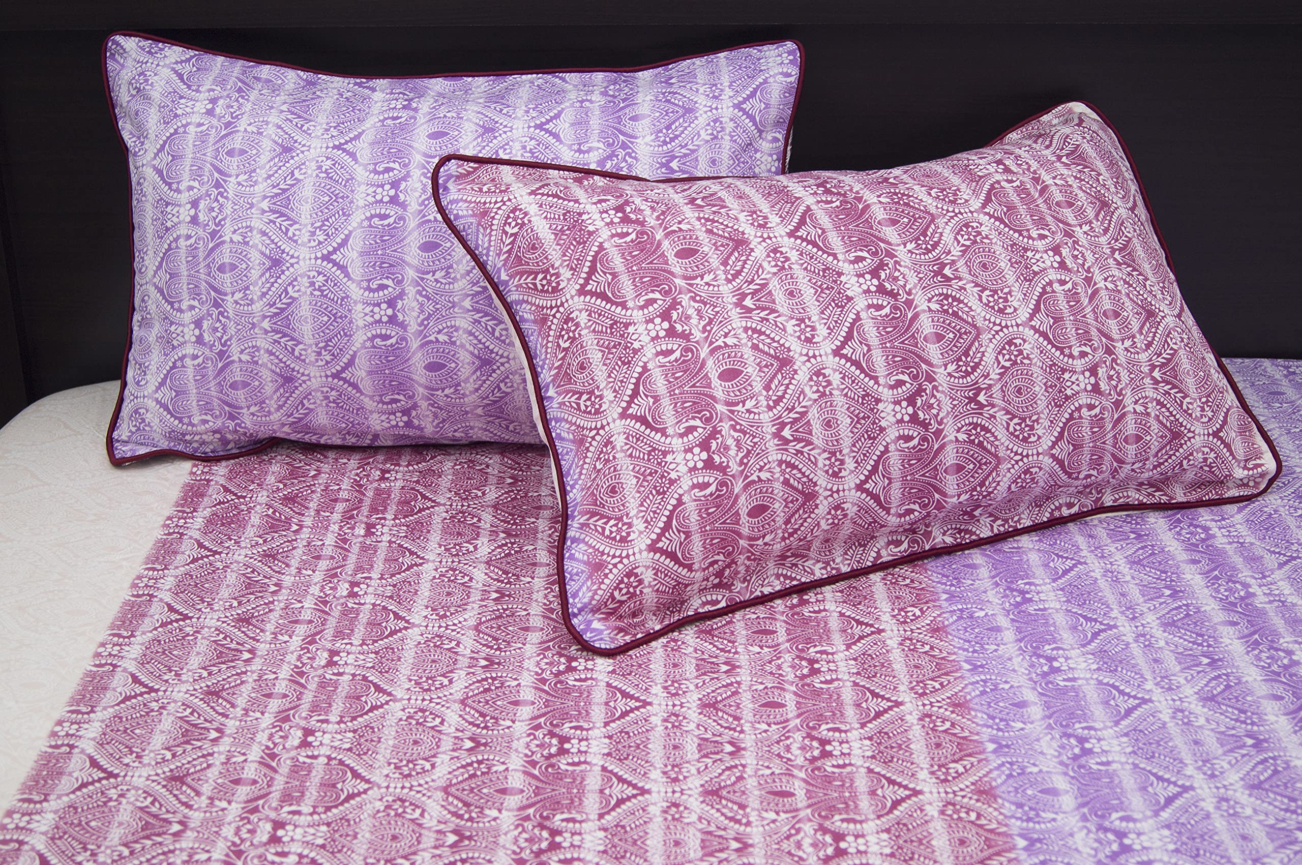 Huetex 100% Cotton 200TC King Size Fitted Bedsheet (72 x 78 Inches Max) with 2 Pillow Covers - Traditional Print (Pink) (Pink)