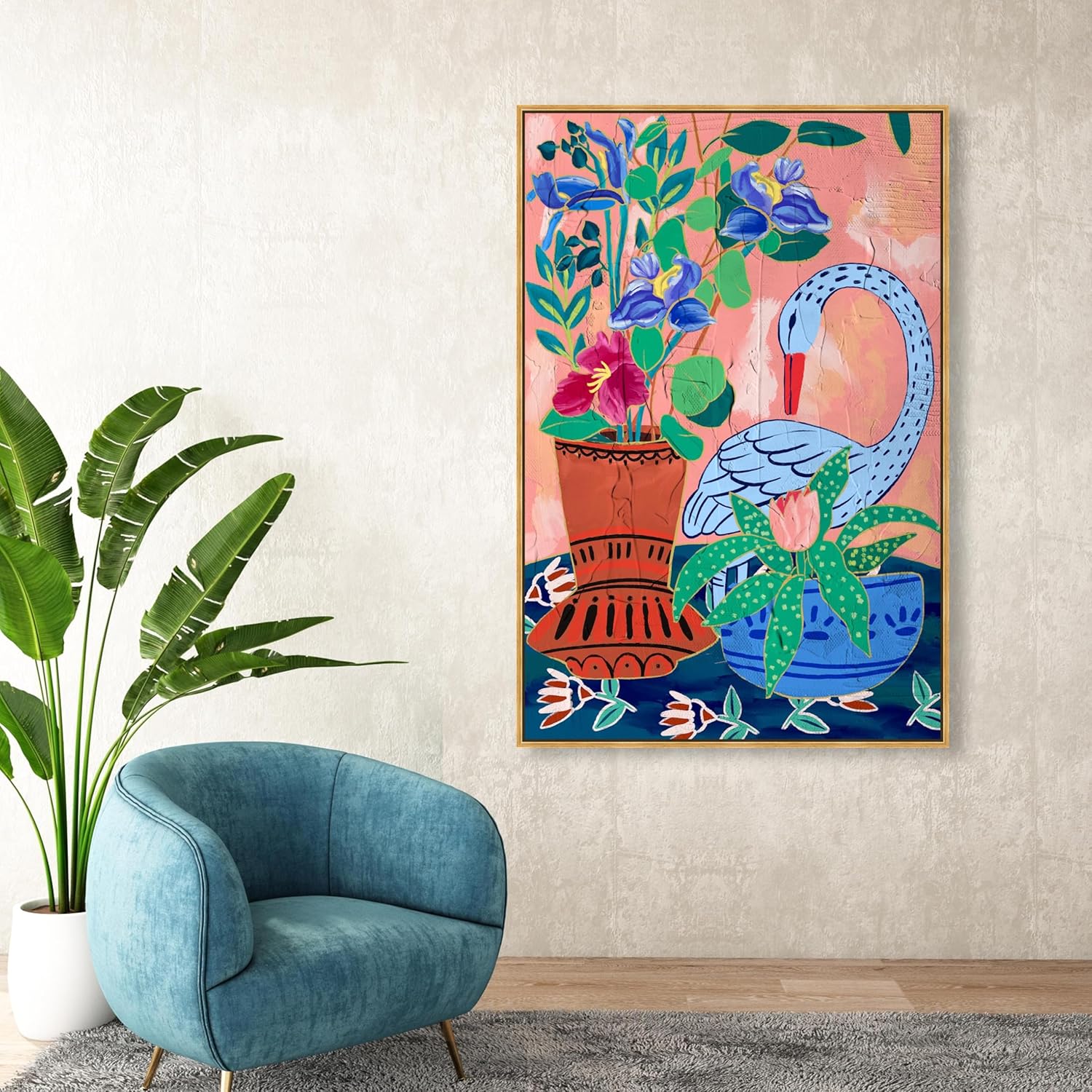 Oliver Gal Artist Co. Floral and Botanical, Canvas Wall Art, "Colorful swan flower garden" Ready to Hang Living Room, Bedroom and Bathroom Home Décor, 54.0 x 36.0, Orange, Framed Canvas Art