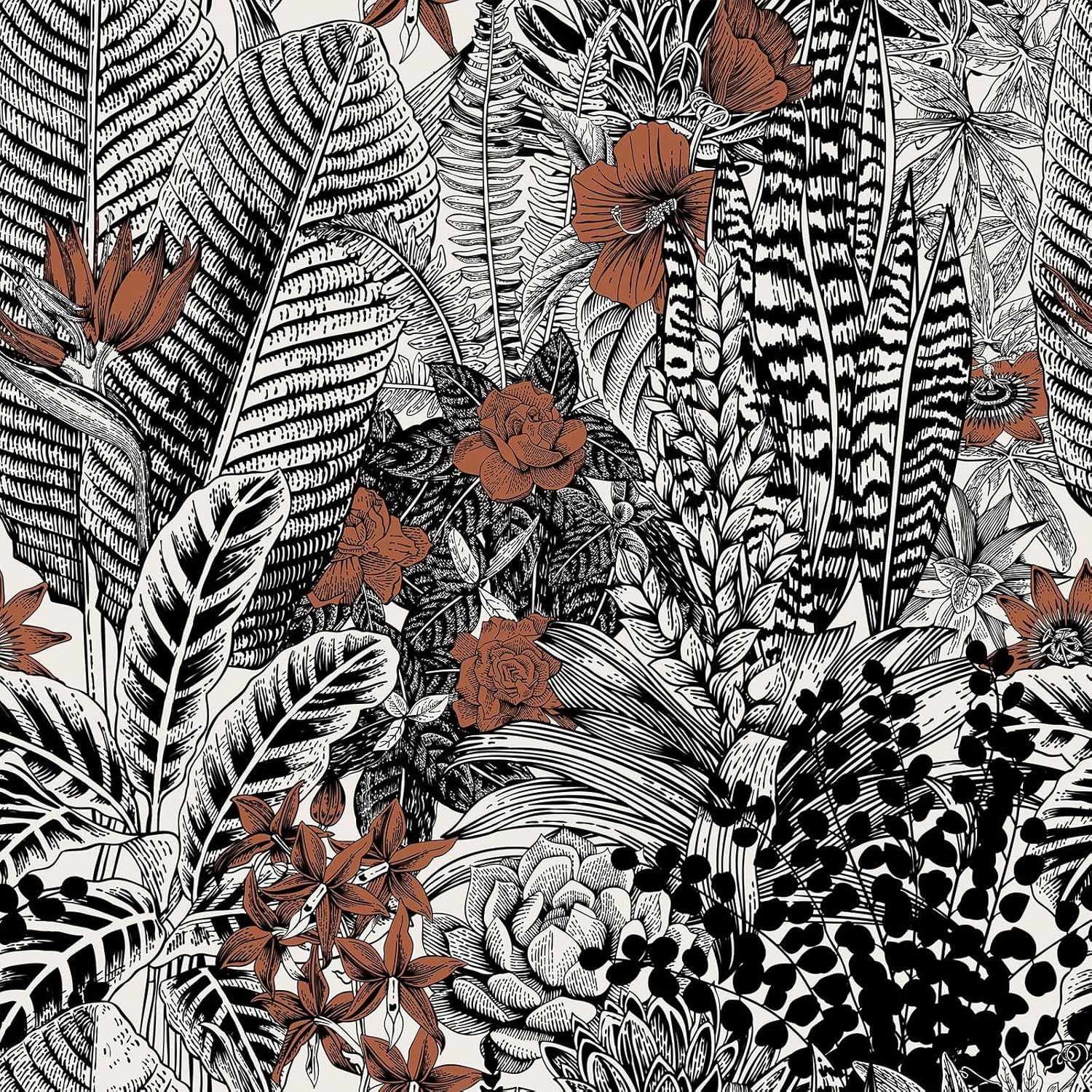 Livelynine 17.5x276 Black & White Floral Peel and Stick Wallpaper Dark Orange Flower Vintage Botanical Wall Paper for Bathroom Bedroom Renter Friendly Tropical Retro Floral Contact Paper for Cabinets