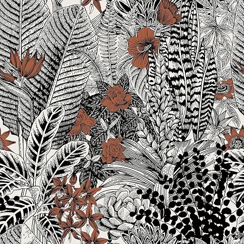Livelynine 17.5x276 Black & White Floral Peel and Stick Wallpaper Dark Orange Flower Vintage Botanical Wall Paper for Bathroom Bedroom Renter Friendly Tropical Retro Floral Contact Paper for Cabinets