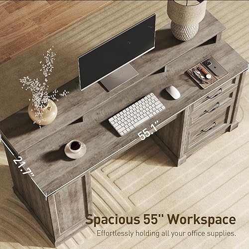 Miniatura 7 de Escritorio ejecutivo de granja de 55 pulgadas con cajones, escritorio de oficina en casa con archivador y estante de almacenamiento, estación de