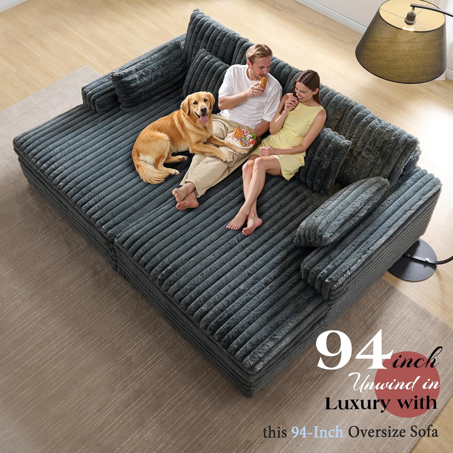 Jocisland 93" Oversized Cloud Sofa for Two, Deep Seat Double Chaise Lounge Couch with Lumbar Cushions & Wide Armrests, Quick Assembly for Living Room or Bedroom, Gray Faux Fur