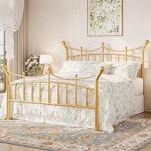 HOOMIC Queen Size Metal Platform Bed Frame, Victorian Crown Style Iron Art Headboard and Footboard, Steel Slat Support, Noise Free Design, Under Bed Storage, No Box Spring Needed, Easy Assembly, Gold