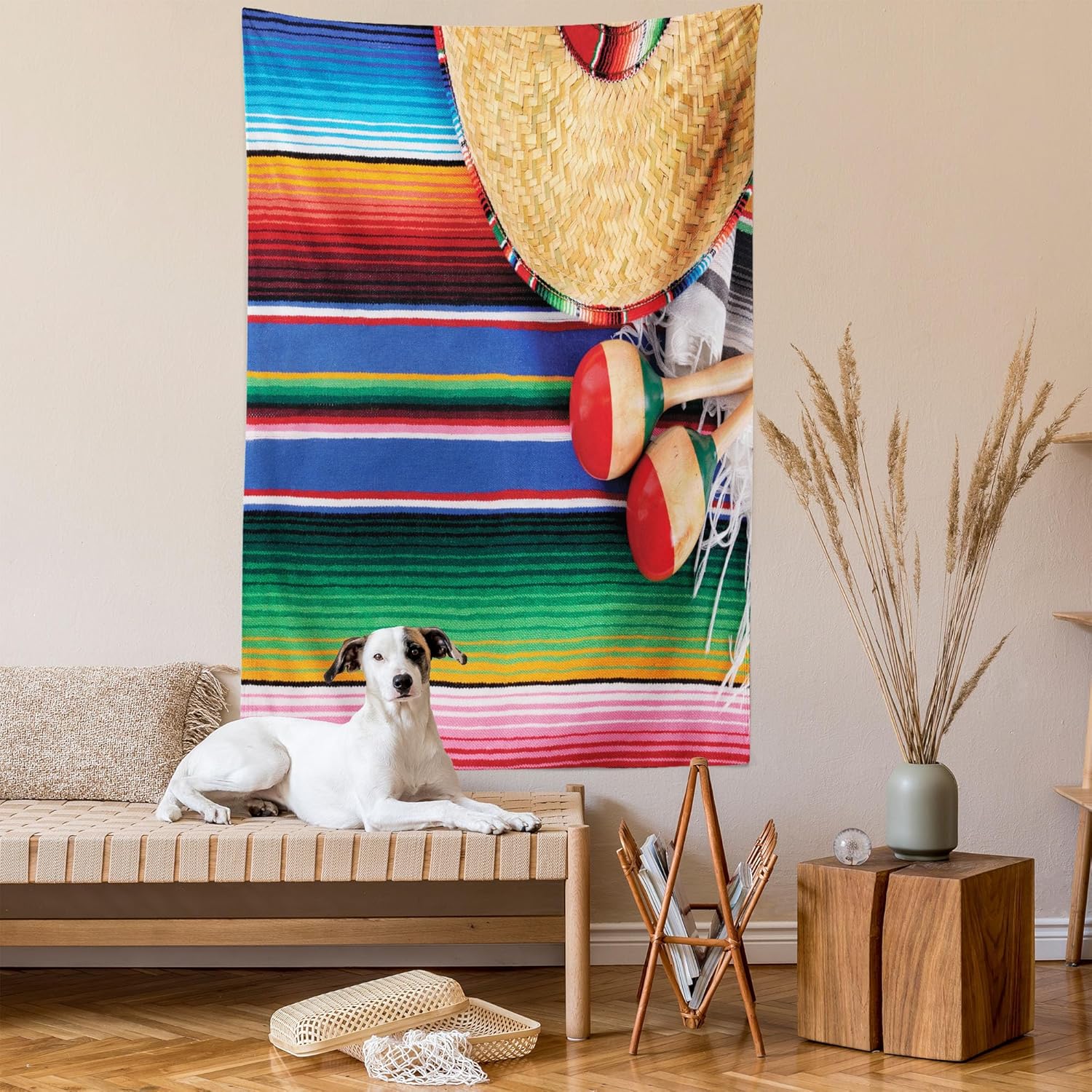Ambesonne Mexican Tapestry, Mexican Culture Theme with Sombrero Straw Hat Maracas Serape Blanket Rug Picture, Wall Hanging for Bedroom Living Room Dorm, 60" X 80", Red Ivory