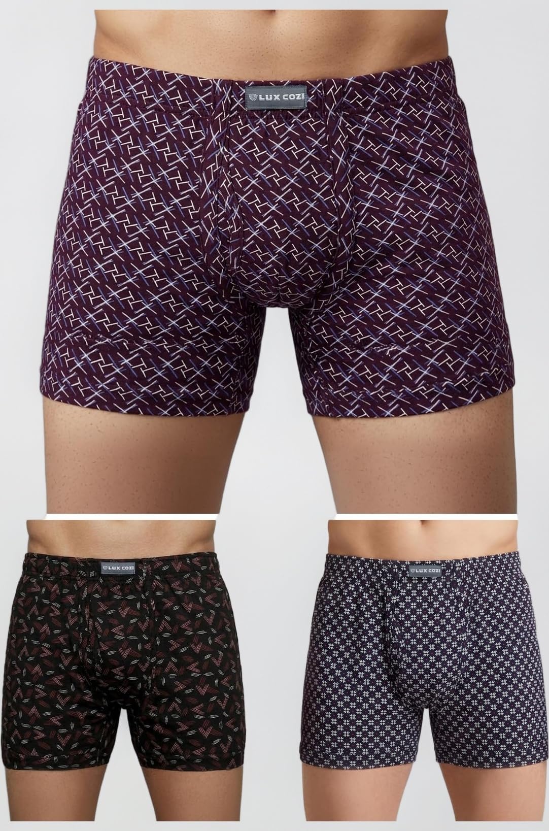 Men's Cotton Trunk Printed Inner Elastic Long Color and Print May Vary Pack of 3