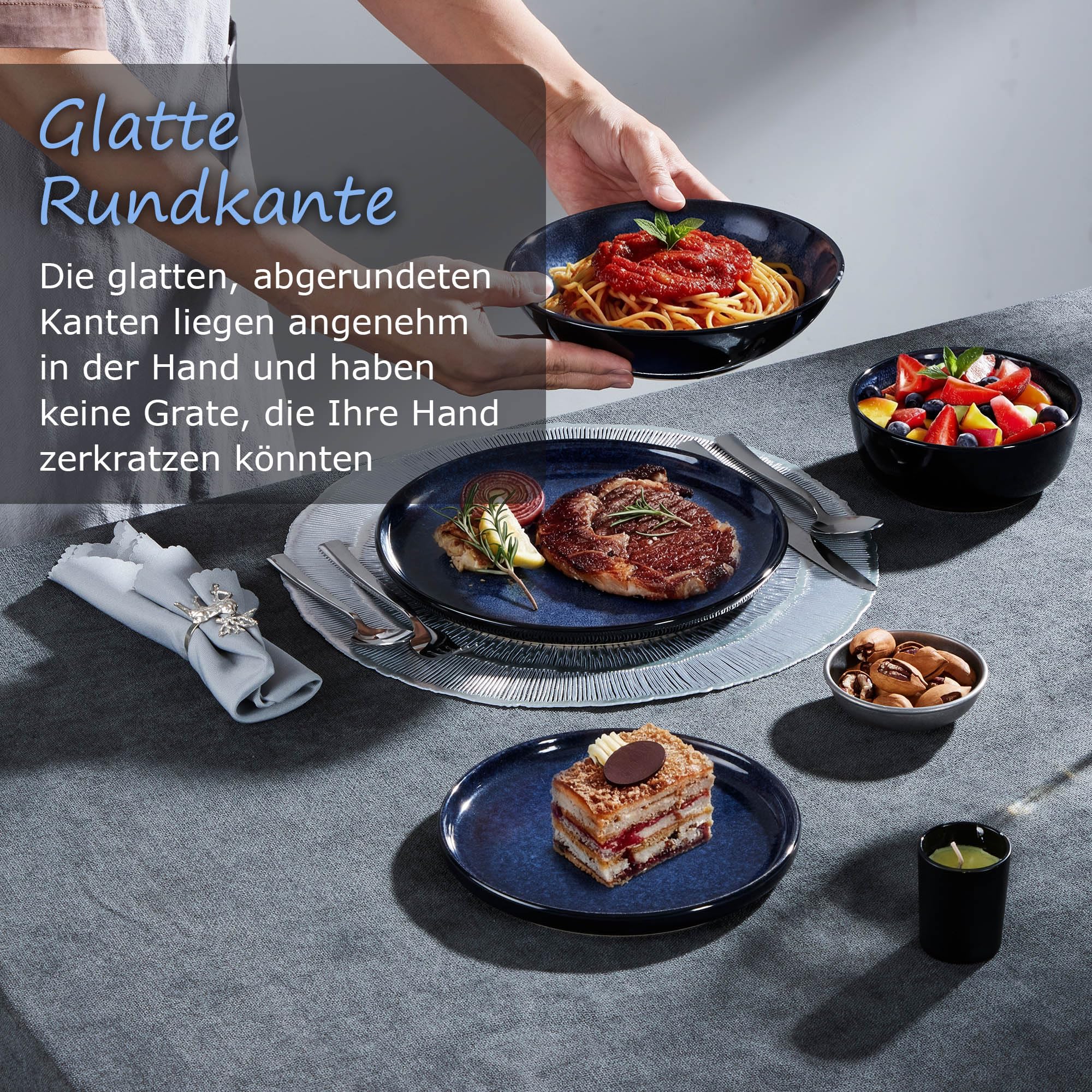 Homikit Set di stoviglie da 6 persone, set da 24 pezzi, in gres, in gres reattivo, con piatti piani, piatti da dessert, piatti fondi, ciotole per cereali, forno a microonde e lavabile in lavastoviglie
