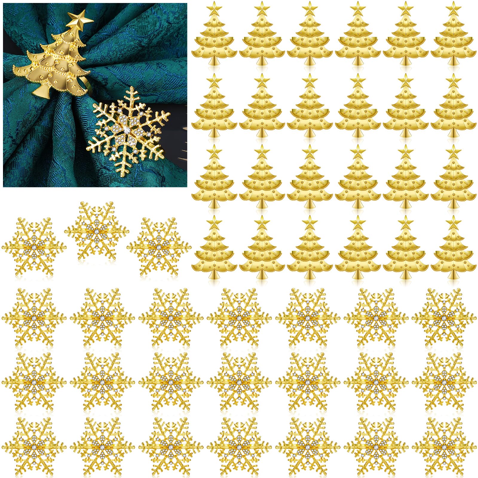 Patelai 48 Christmas Napkin Rings Snowflake Napkin Rings Xmas Tree napkin Ring Holder Buckle Rhinestone Metal Napkin Ring Holder Christmas Napkin Rings for Xmas Wedding Dinner Table Decor (Gold)