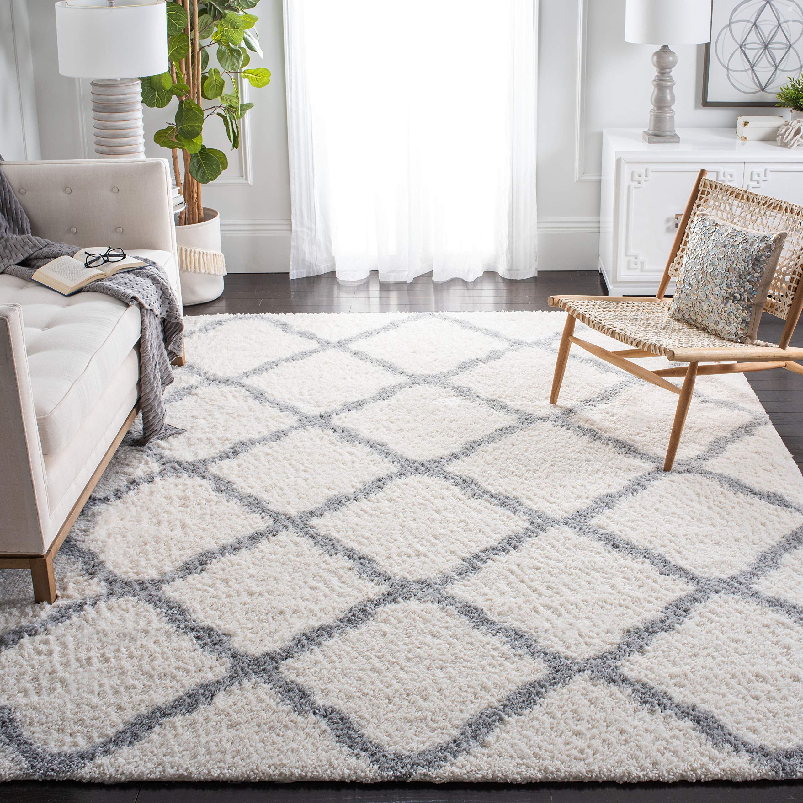 SAFAVIEH Parma Shag Collection Area Rug - 9' x 12', Cream & Grey, Moroccan Trellis Design, Non-Shedding & Easy Care, 1.2-inch Thick Ideal for High