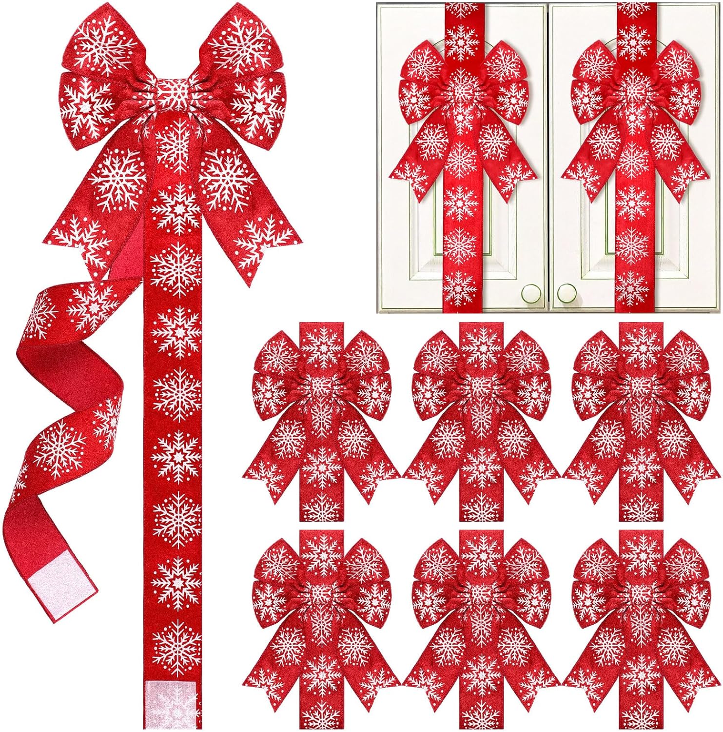 6 Pcs Christmas Cabinet Bows Velvet Door Ribbon Large Winter Festive Ribbons and Bows Snowflake Pattern Christmas Decorations for Cabinets Furniture Kitchen Party Supplies,79 Inch(Red)