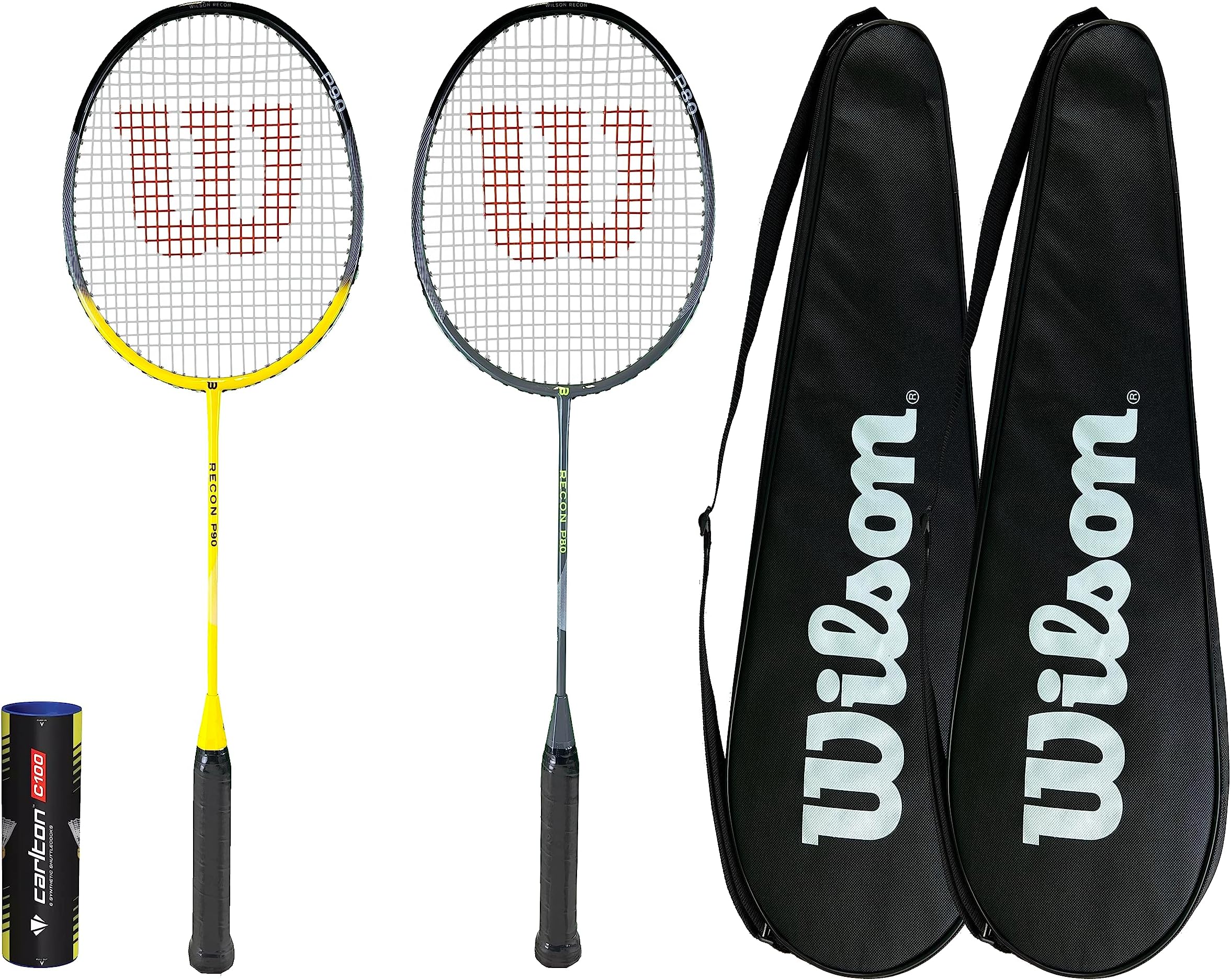 Wilson Recon Mixed Badminton Twin Racket Set, Full Length Protective Badminton Covers & 6 Badminton Shuttles