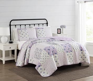 CANNON Elissa Patchwork White and Purple Polyester 2-Piece Twin XL Quilt Set, Floral Themed, for Men and Women, Oeko-TEX Certified Confidence