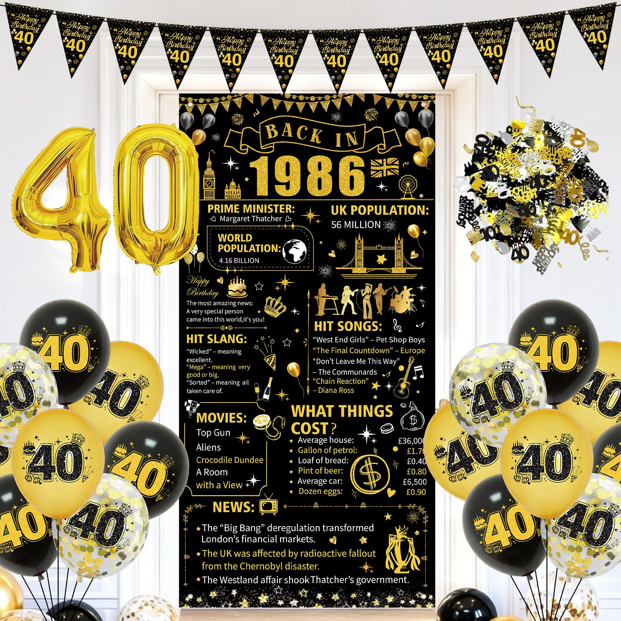 40th Birthday Decorations Black Gold 1986 Party Supplies, Back in 1986 Banner Backdrop Balloons Bunting Foil Number 40, 40th Birthday Decorations for Men Women