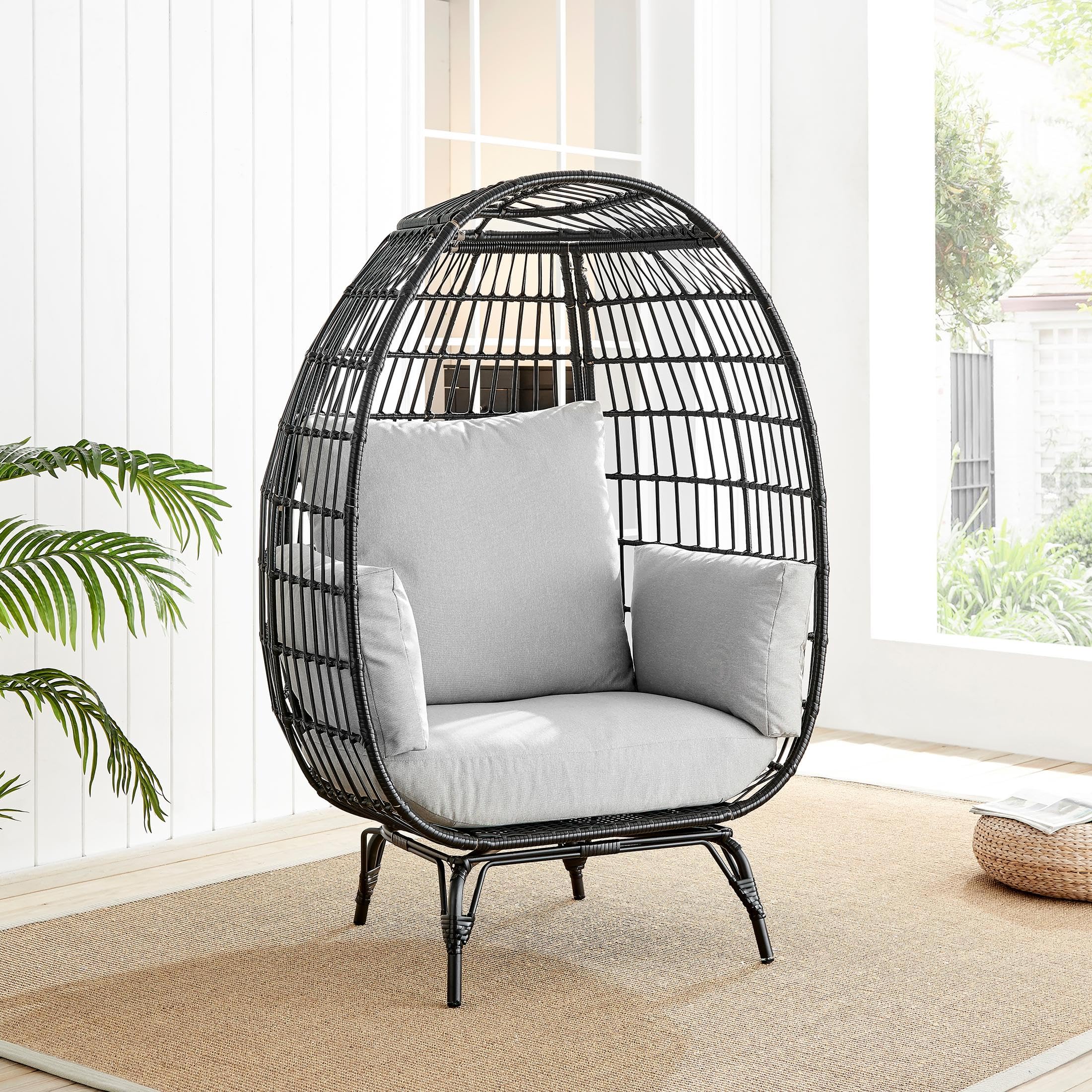 Furniturebox UK Black Rattan Garden Egg Chair in PE Resin Rattan for Outdoors and 15cm Luxuriously Thick Cushions - Perfect Cosy Seat for One