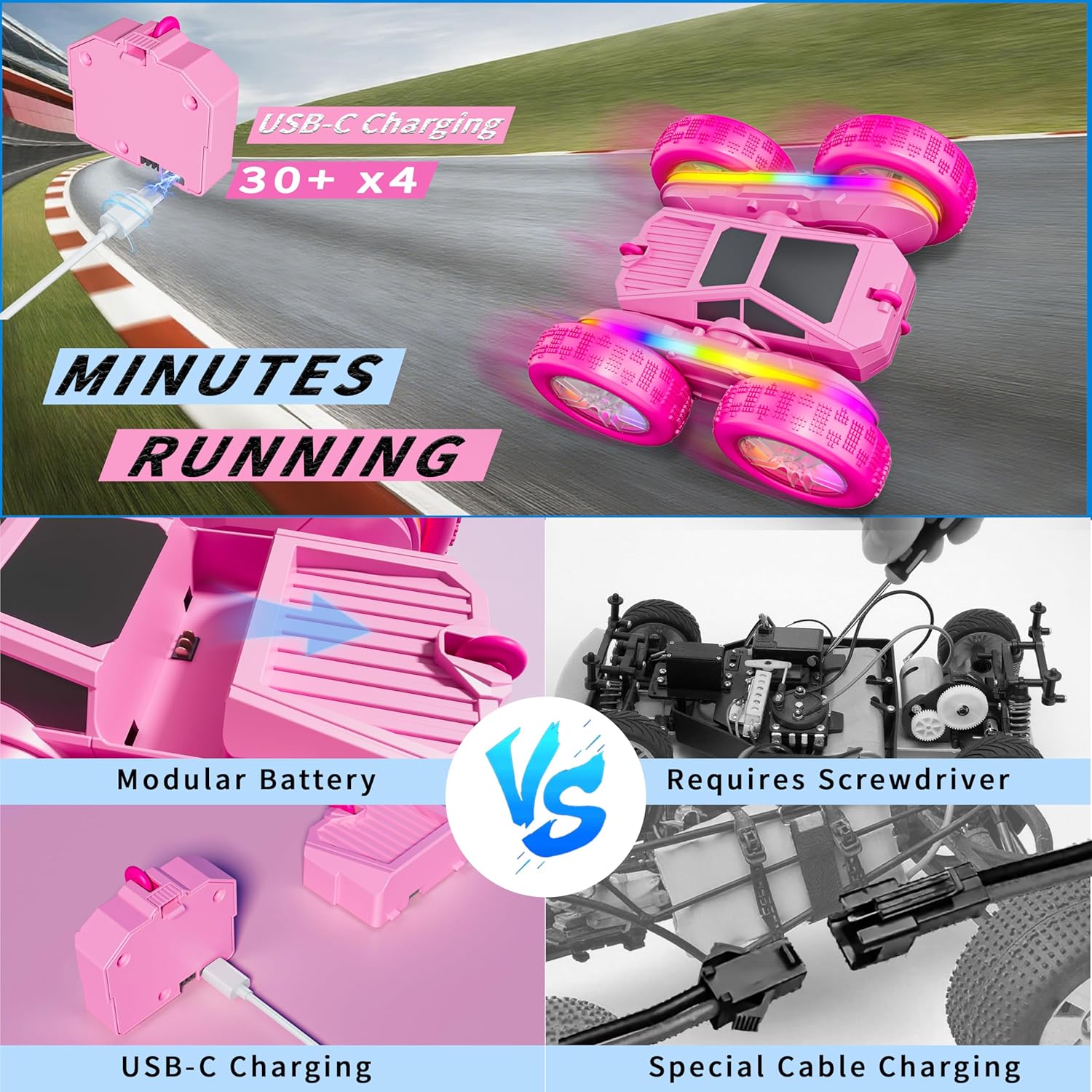 RC Stunt Car, Rmote Control Car for Gilrs, Double-Sided RC Crawler with 4 USB-C Batteries, 360° Rotating Drift Car, 2.4GHz Truck Toy for Kids 4-8+ Years