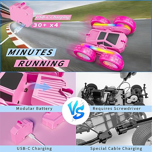 Miniatura 2 de Coche de control remoto para niñas autos de acrobacias a control remoto, 2.4 GHZ de doble cara con 4 baterías modulares USB-C mejoradas, juguetes de