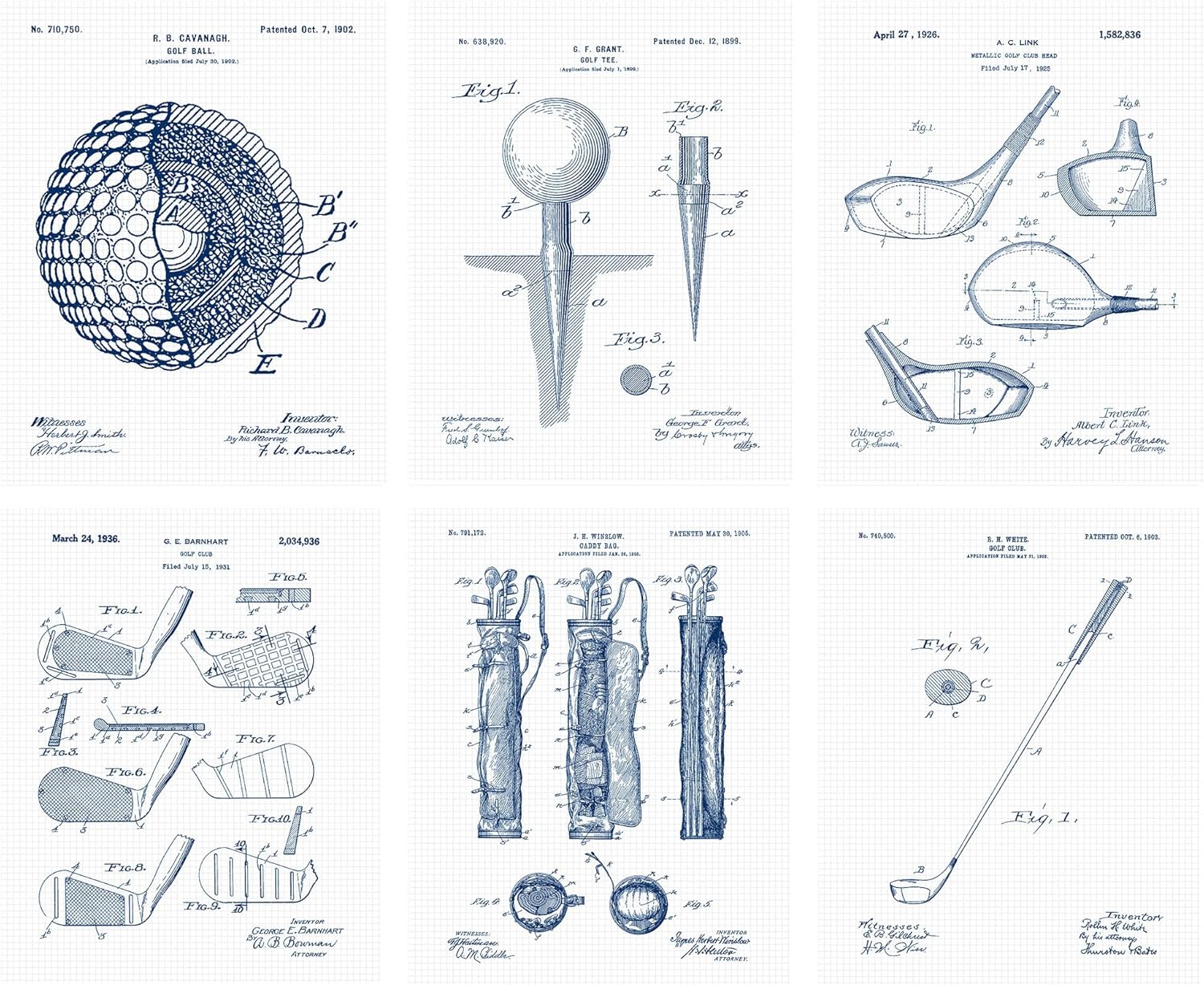 Classic Golfing Patent Prints, 6 (8x10) Unframed Photos, Wall Art Decor for Home Work Office Golf Putt Tools Gears Garage Shop School Gym College Student Teacher Coach Global Team Champion Fan