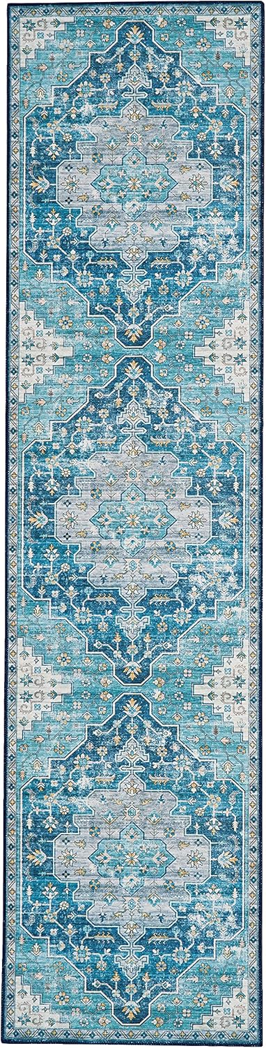 Linon Home Decor Products The Anywhere Washable Rug Firenz Teal & Ivory 2' X 8' Runner Rug