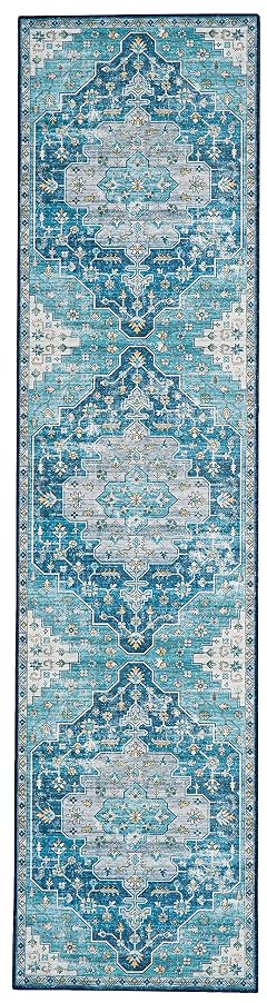 Linon Home Decor Products The Anywhere Washable Rug Firenz Teal Ivory 2 X 8 Runner Rug
