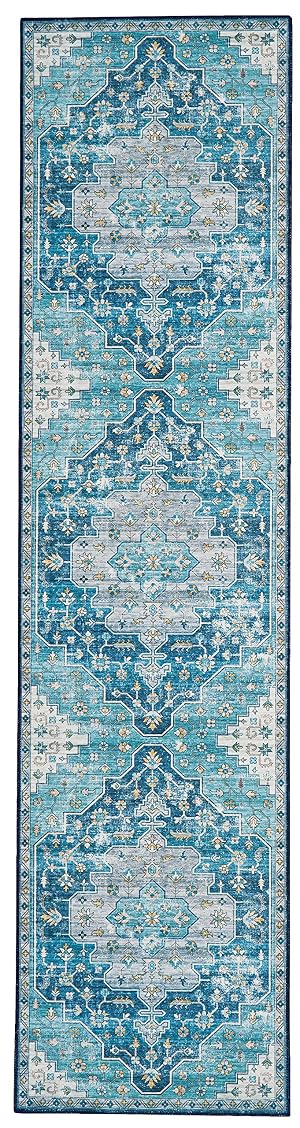 Linon Home Decor Products The Anywhere Washable Rug Firenz Teal Ivory 2 X 8 Runner Rug