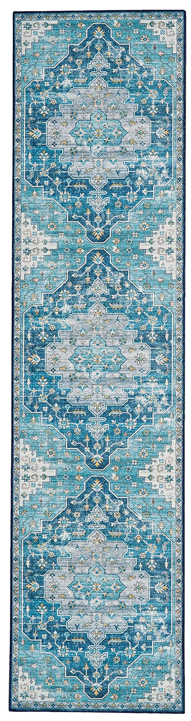Linon Home Decor Products The Anywhere Washable Rug Firenz Teal Ivory 2 X 8 Runner Rug