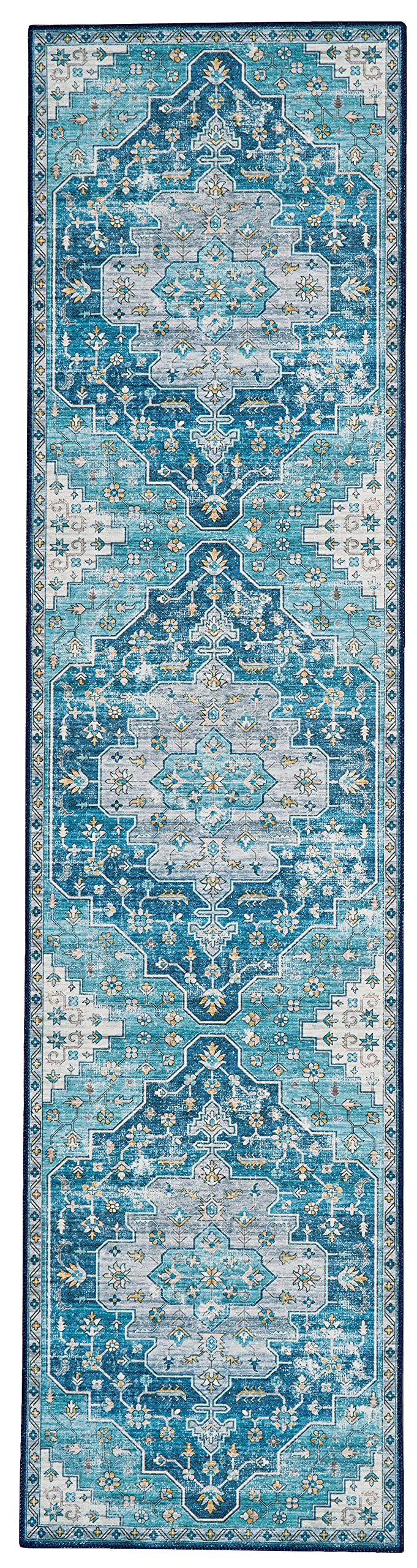 Linon Home Decor Products The Anywhere Washable Rug Firenz Teal Ivory 2 X 8 Runner Rug