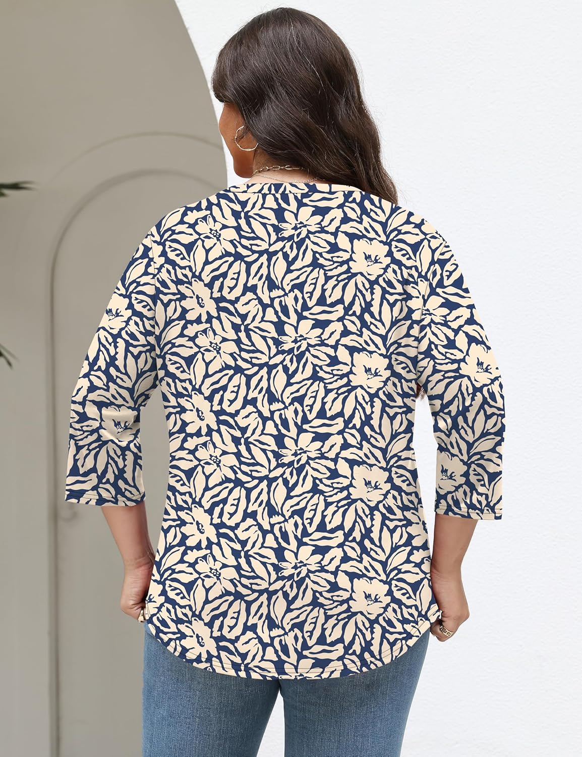 TFSDOD Womens Plus Size Tops 3/4 Length Sleeve Womens Tops Crewneck Pleated Boho Tunic Casual Shirts XL-5X - Image 5