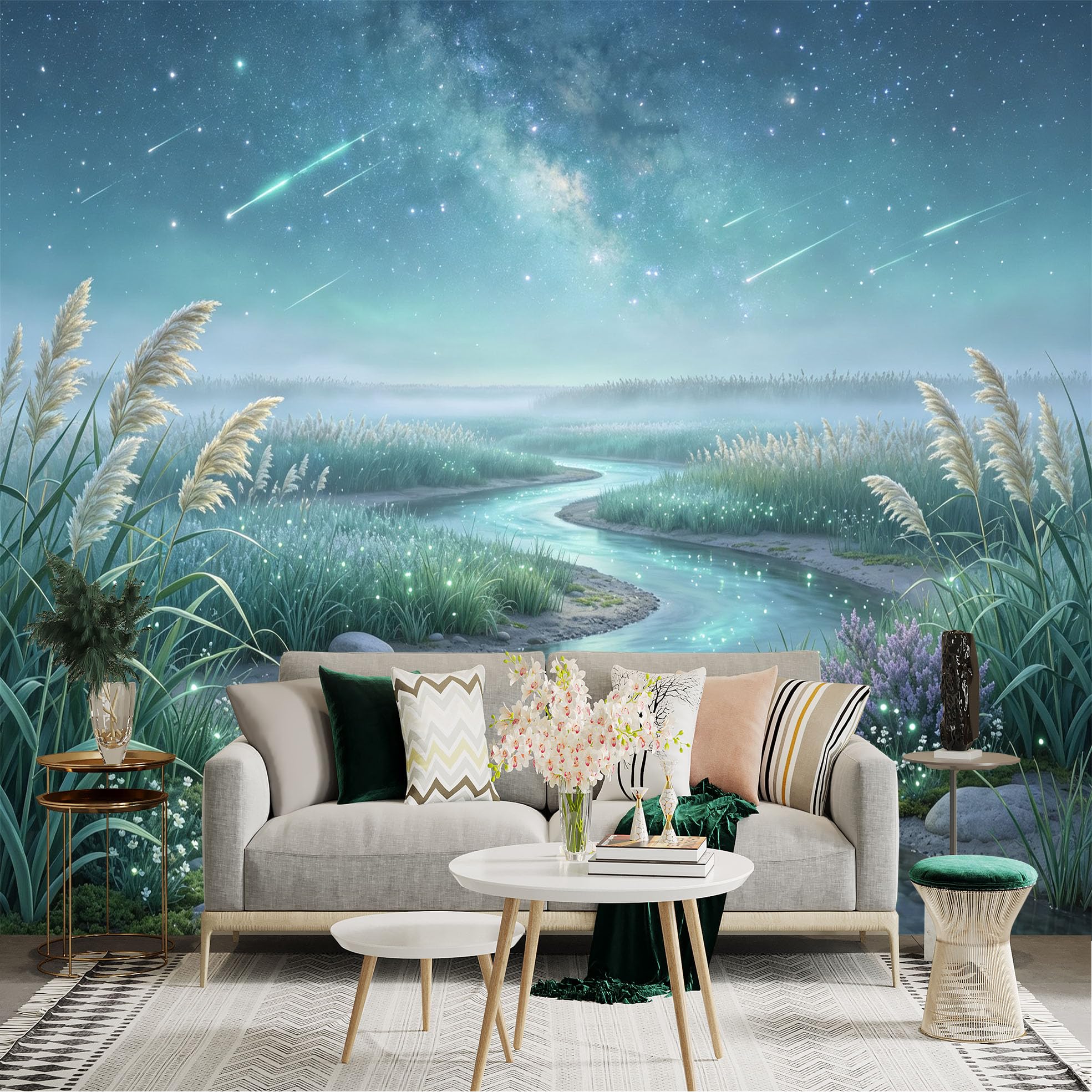 Lnzczhyre Bh260719168 Custom Size Wall Sticker Mural， Milky Way Over Glowing Stream， Reeds And Stones， Dreamy Night Landscape， For Wall Decoration， Peelandstick Wall Decals.
