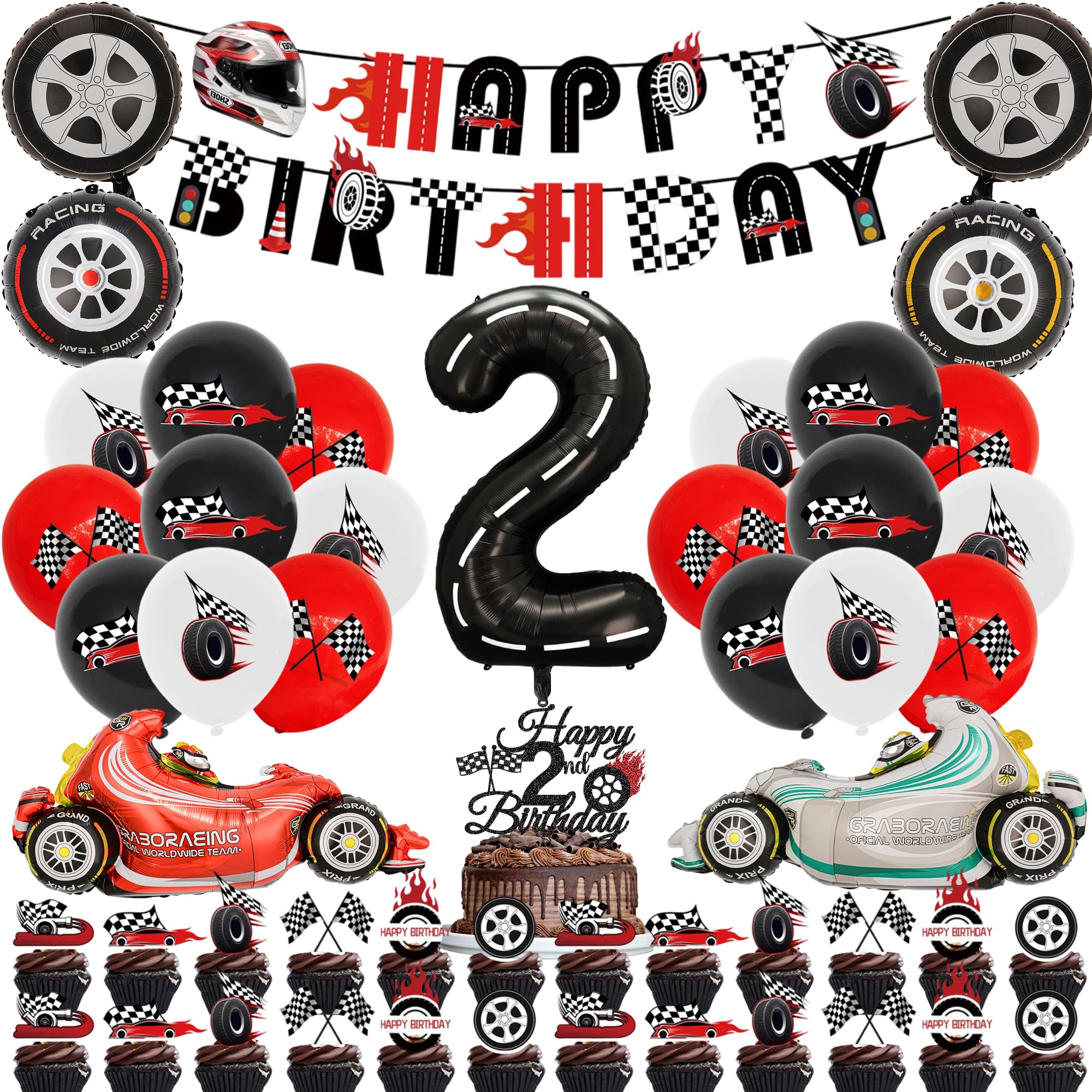 2nd Birthday Decorations Boy Balloons - 51 Pcs Race Car Birthday Decoration Including Banner, Number 2 Motorcycle Balloon and Cupcake Cake Toppers for Two Fast Party Supplies
