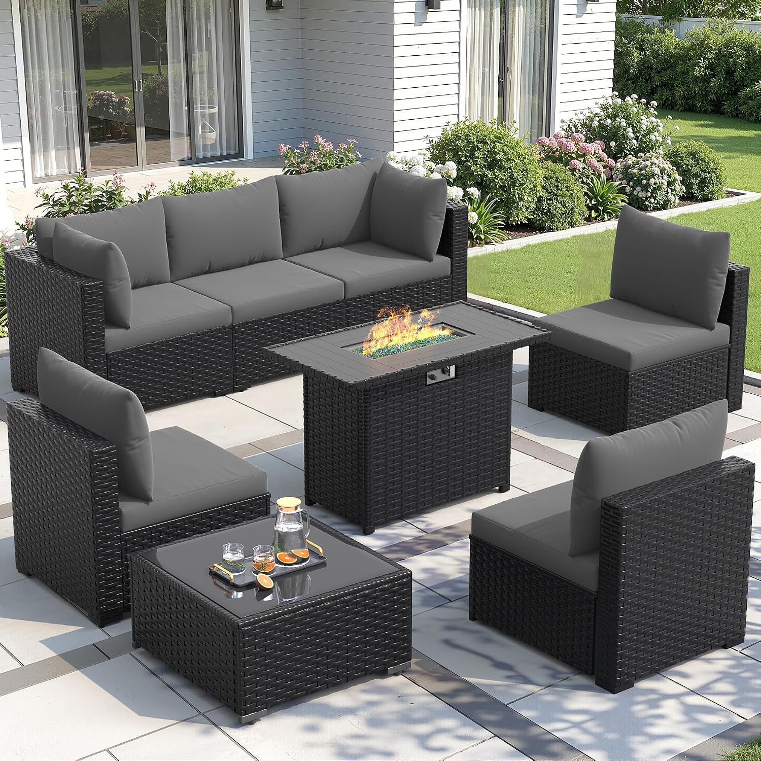 Amopatio 8 Pieces Patio Furniture Set with Fire Pit Table, Black/Grey