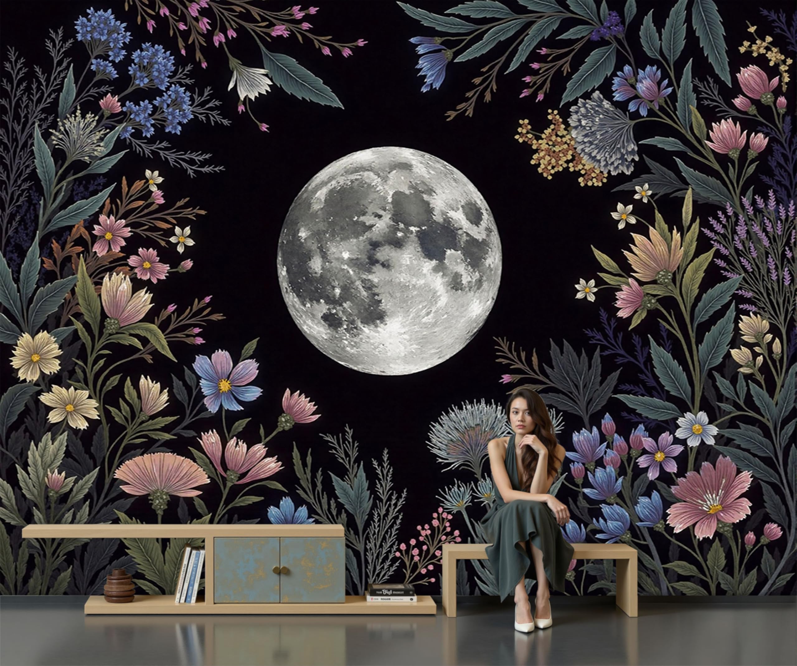 Papier peint fleurs de lune en soie, fresque murale luxe de 400x280 cm