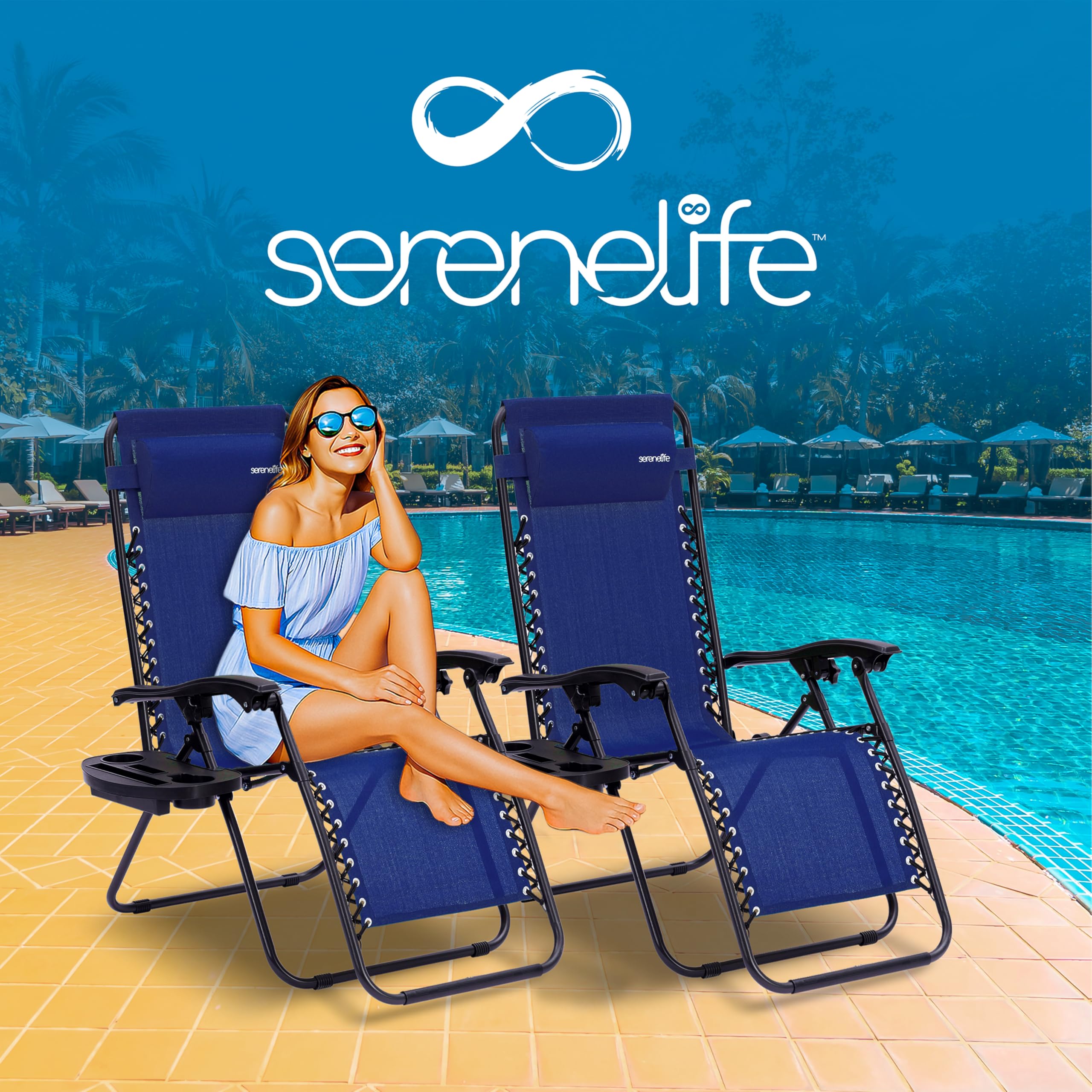 SereneLife Sonnenliege Klappbar 2er Set, Zero Gravity Liegestuhl Garten, bis 120 kg Blau, Verstellbar und Wetterfest, mit Getränkehalter und Kopfstütze, für Balkon Terrasse Strand Relax