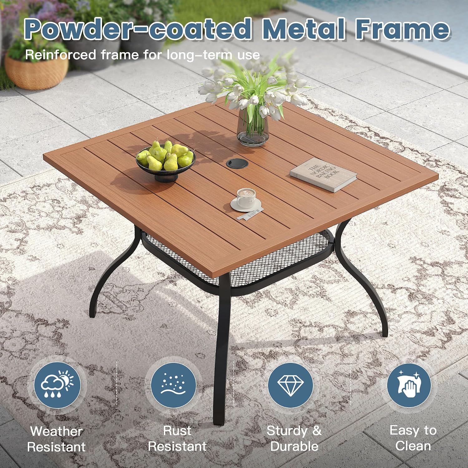 DIFY 5 Pieces Outdoor Dining Set for 4, 37.8" Walnut Square Metal Table with 2 Stackable Wicker Patio Chairs & 2 Swivel Chairs, Patio Furniture Set with Cushions and Umbrella Hole, Wheat Rattan