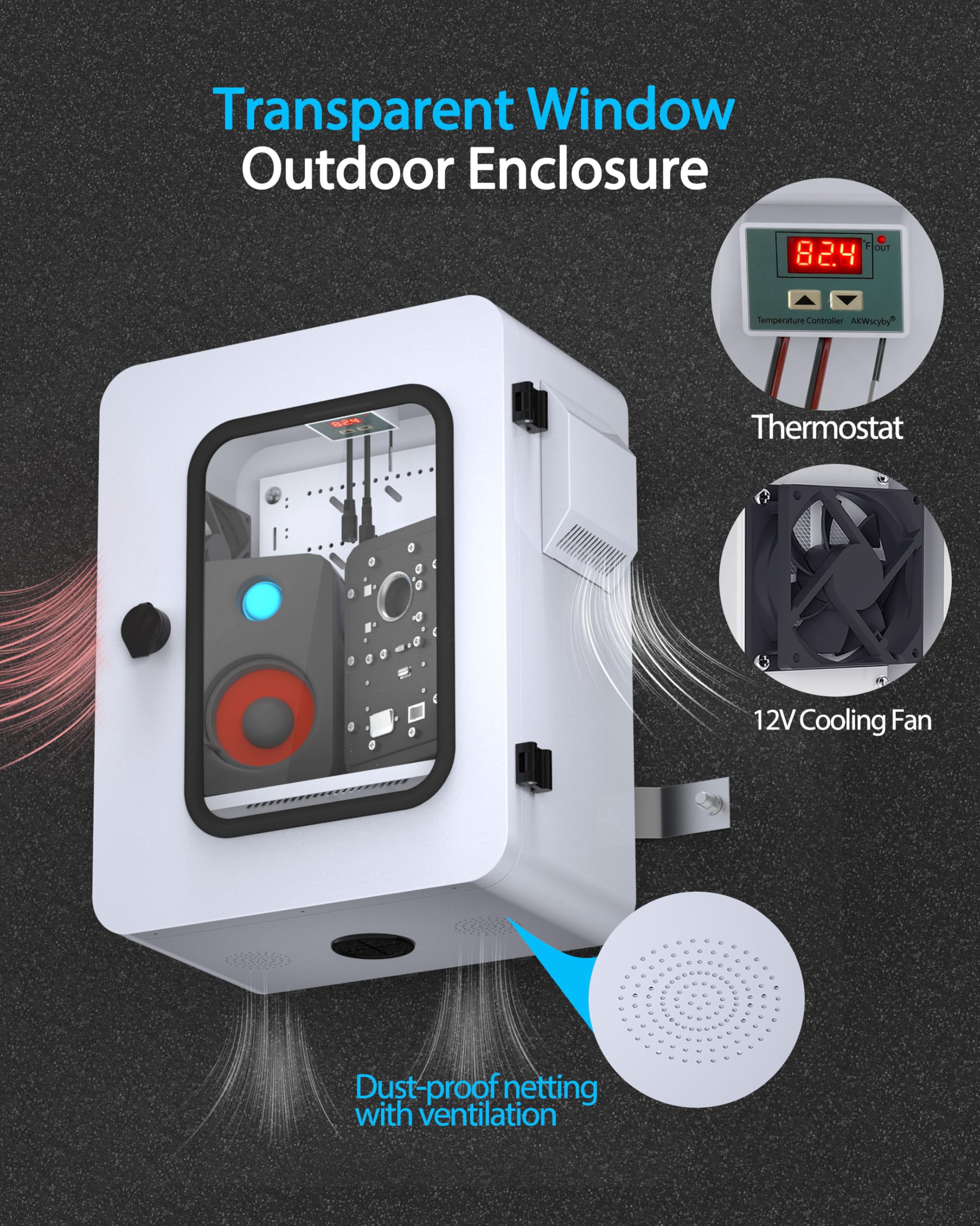 Caja eléctrica para exteriores con ventana transparente, termostato y ventilador, control preciso de temperatura de -17.7 °C, clasificación IP65 resistente al agua, acero galvanizado, haz