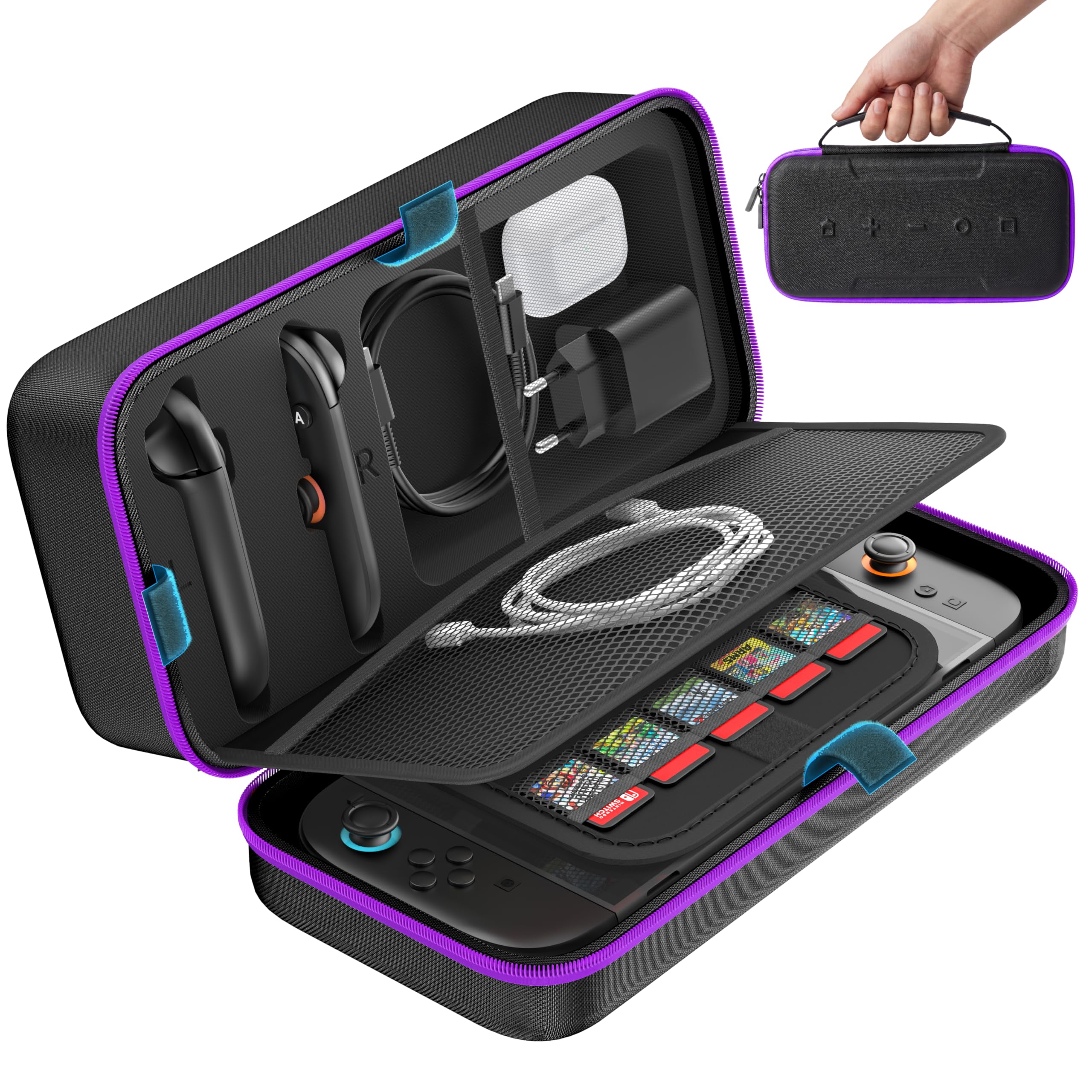 OIVO Switch Tasche für Nintendo Switch/OLED/2 Modell, große Tragetasche für Joycon und EU Netzteil, Harte Hülle mit Aufbewahrung für 26 Spiele & Zubehör, Lila