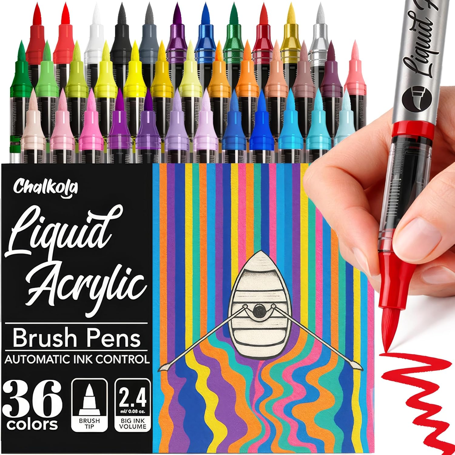 Chalkola 36 Acrylic Paint Markers Brush Tip - Flexible Brush Acrylic Marker, No Bleed, Waterproof Paint Pens for Coloring Book, Canvas, Rock Painting, Professional Artists, Crafts - Water Based Ink