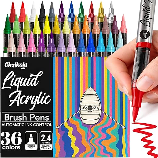 Chalkola 36 Acrylic Paint Markers Brush Tip - Flexible Brush Acrylic Marker, No Bleed, Waterproof Paint Pens for Coloring Book, Canvas, Rock Painting, Professional Artists, Crafts - Water Based Ink
