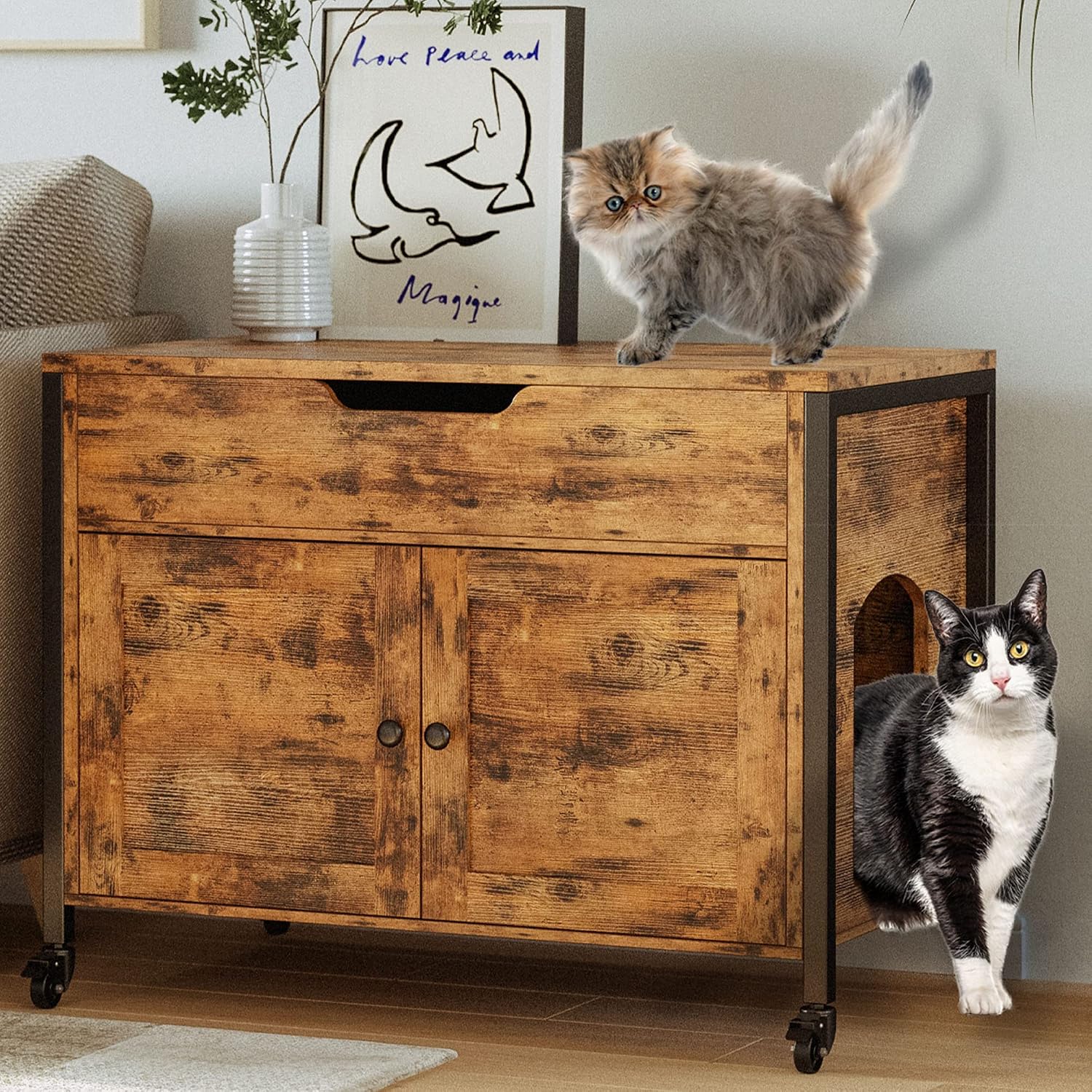 IRONCK Litter Box Enclosure with Storage and Wheels, Large Wood Hidden Cat Cabinet, Indoor Cat Washroom Furniture with Divider, Fit Most…