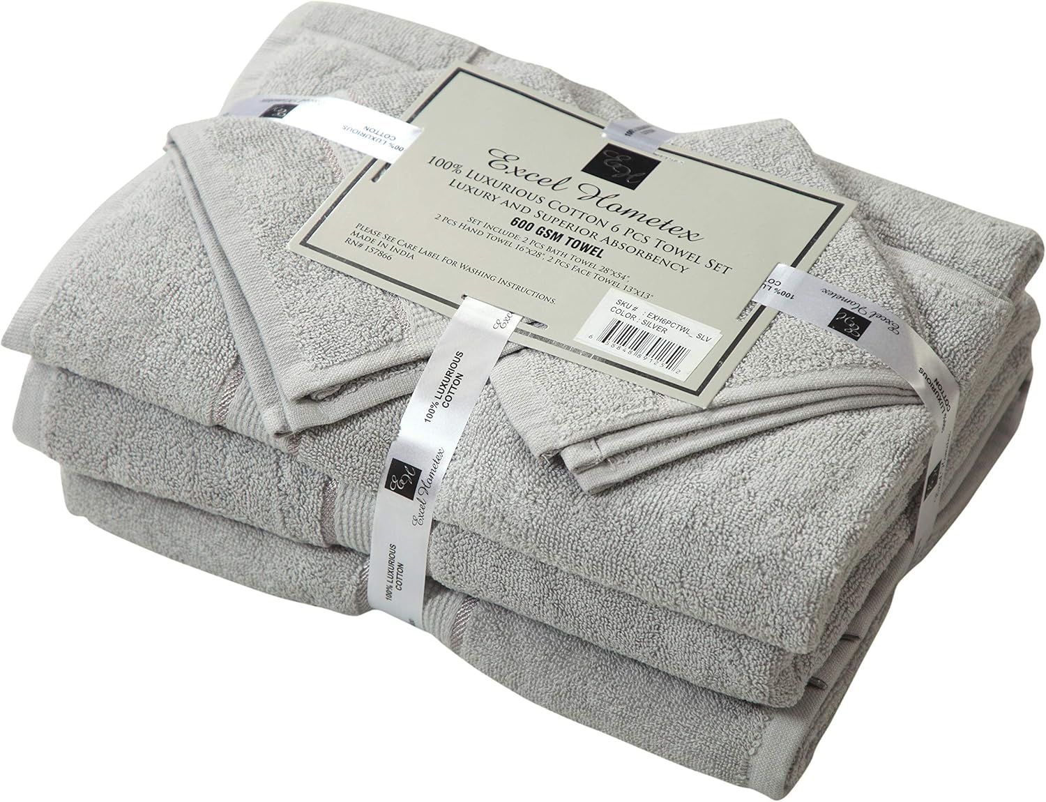 100% Luxurious Cotton 600 GSM 6PC Bath Towel Set (Silver)