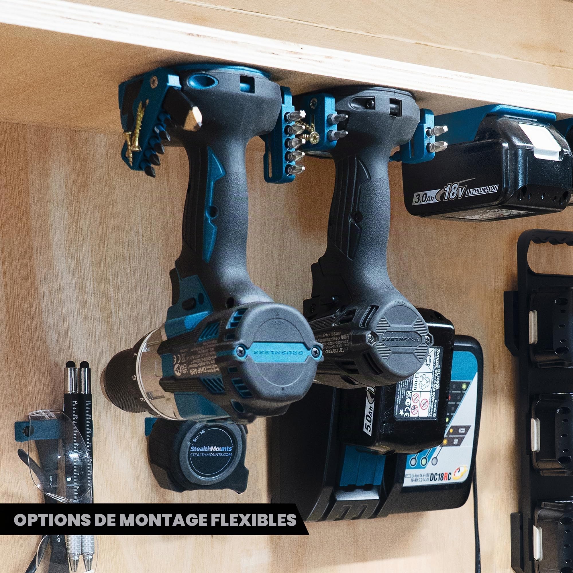 StealthMounts Organiseurs d'Outils pour Makita 18v | Support de Rangement Sans Fil | Lot de 4 | Organisateurs Noir