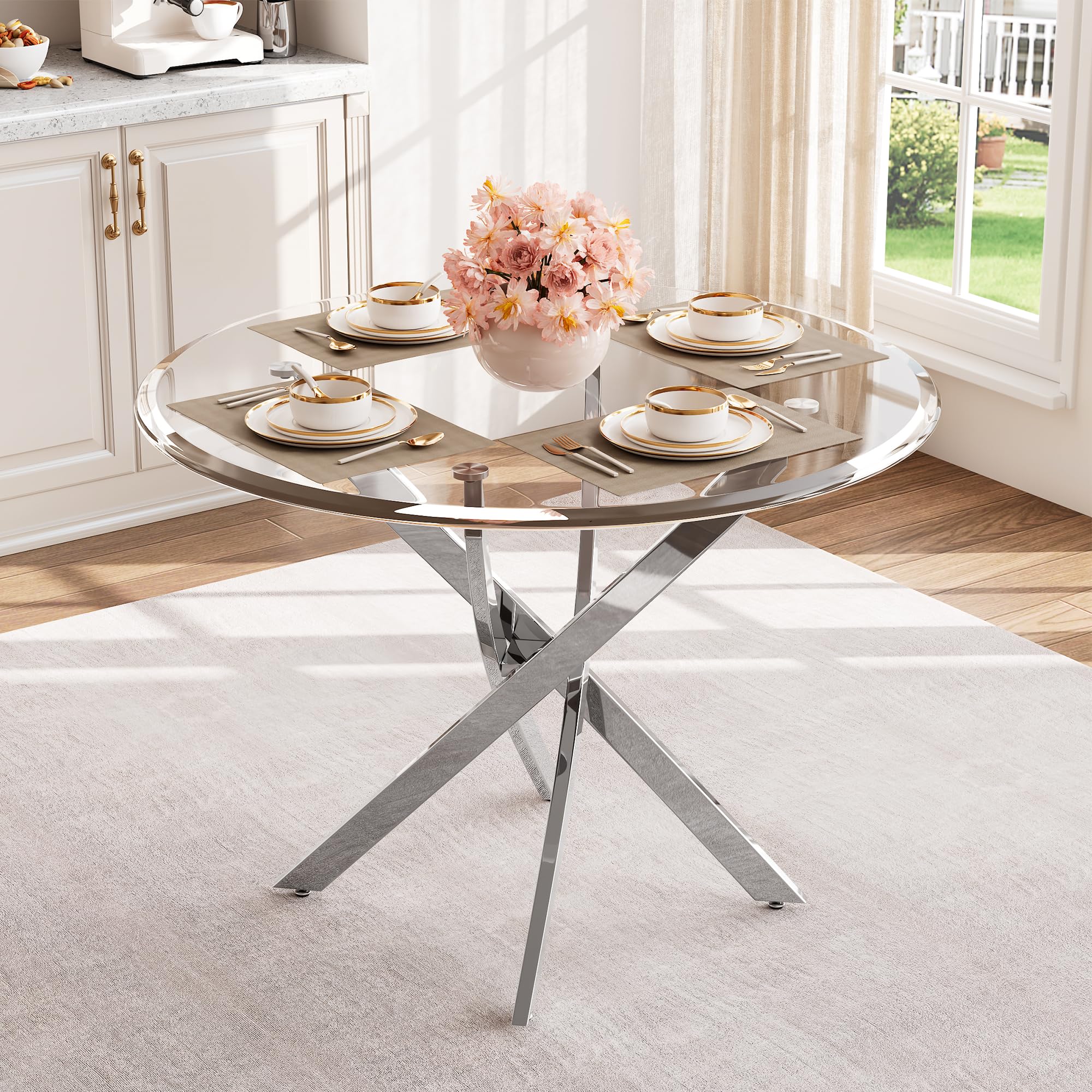 AF ARTISAN FURNITURE 36" Round Glass Dining Table for 4, Stainless Steel Legs &amp; Tempered Glass Top, Modern Circle Leisure Table for Home Office Kitchen Dining Room Small Spaces (Silver Legs)