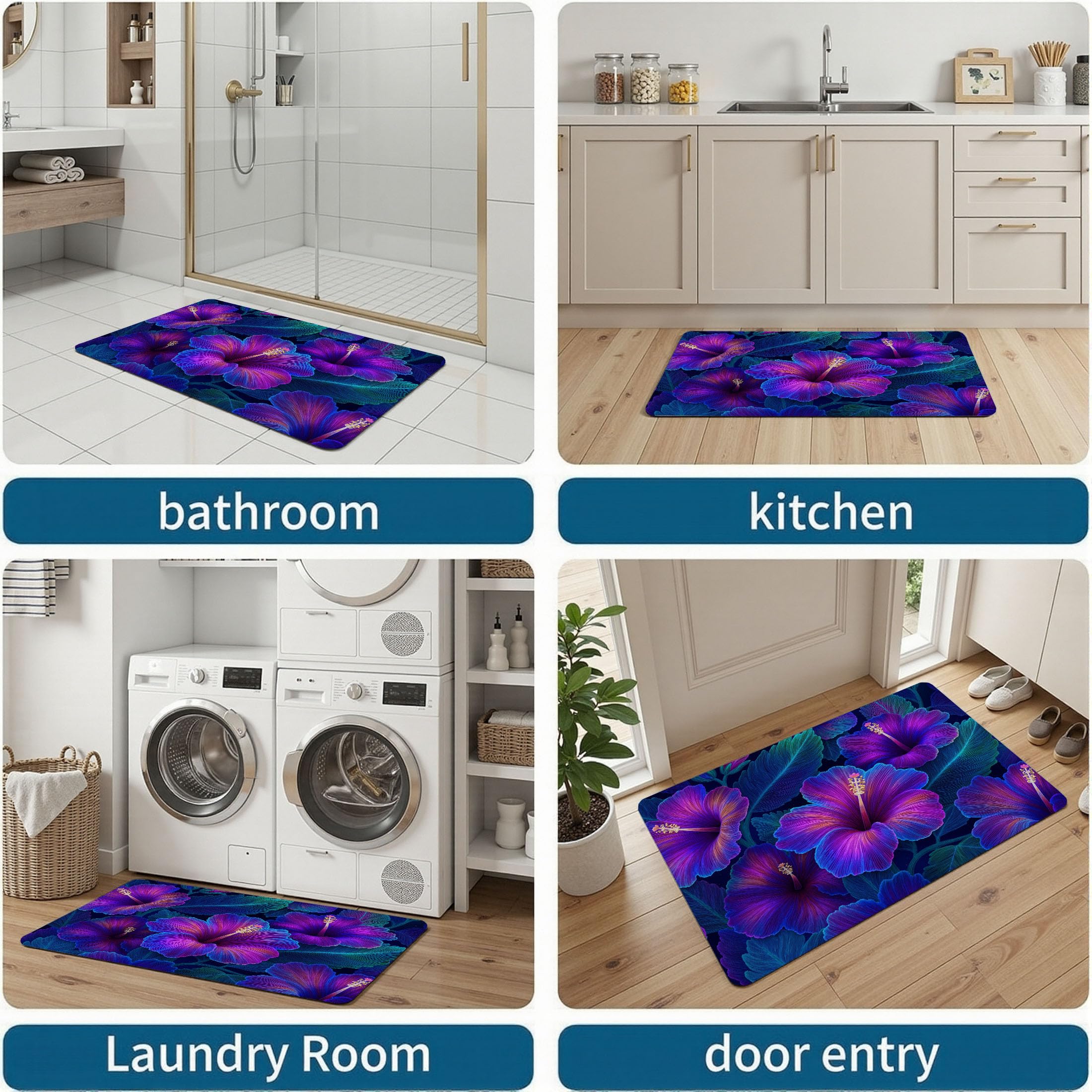 Paillasson de intérieur Antidérapant, Tapis de Motifs Floraux Rétro Tropicaux, Tapis Salle de Bain Flanelle Douce, Absorbant l'eau, pour Cuisine (Irisé Hibiscus, 80x120cm