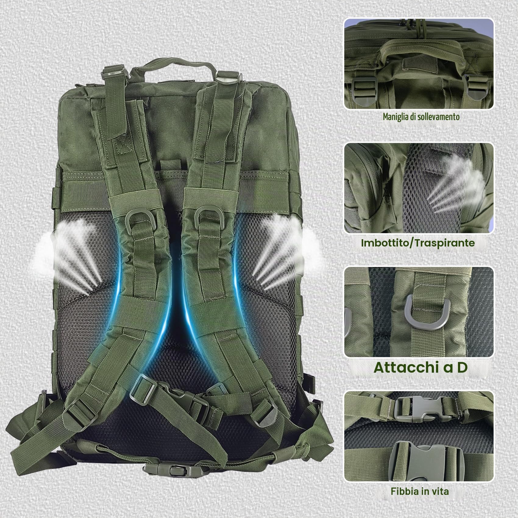 HEMSO Zaino Militare 45 Litri, Impermeabile Grande Zaino Tattico, Molle Zaini di Assalto per Uomo Donna Università Sopravvivenza Viaggio Trekking Campeggio Caccia Moto Palestra Fotografico (Verde)
