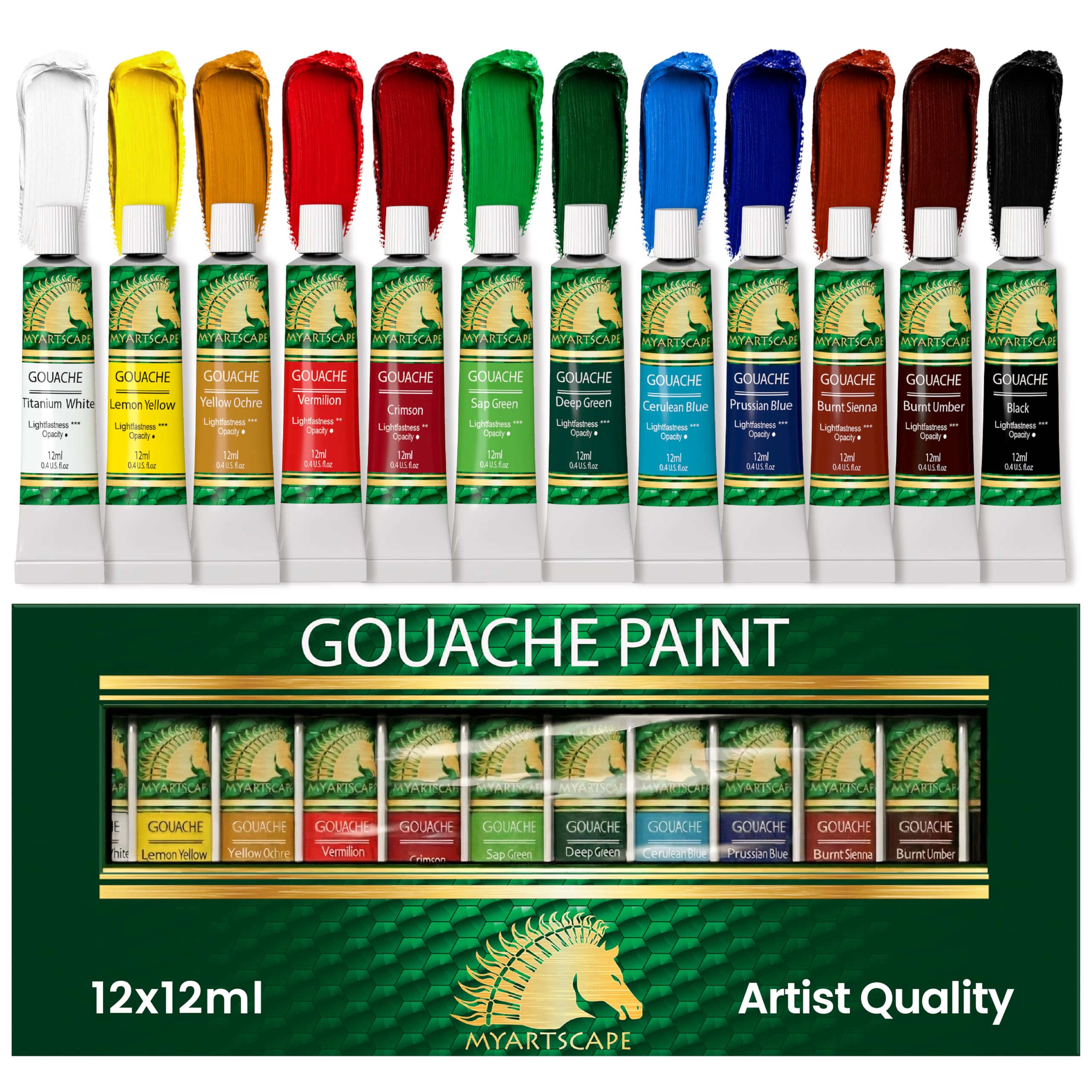 Gouache – 12 x 12 ml tubes – Couleurs pro pour papier aquarelle, Illustration Board & Artboard – Noir et blanc inclus – Fournitures d'art MyArtscape, parfait pour artistes et illustrations de qualité