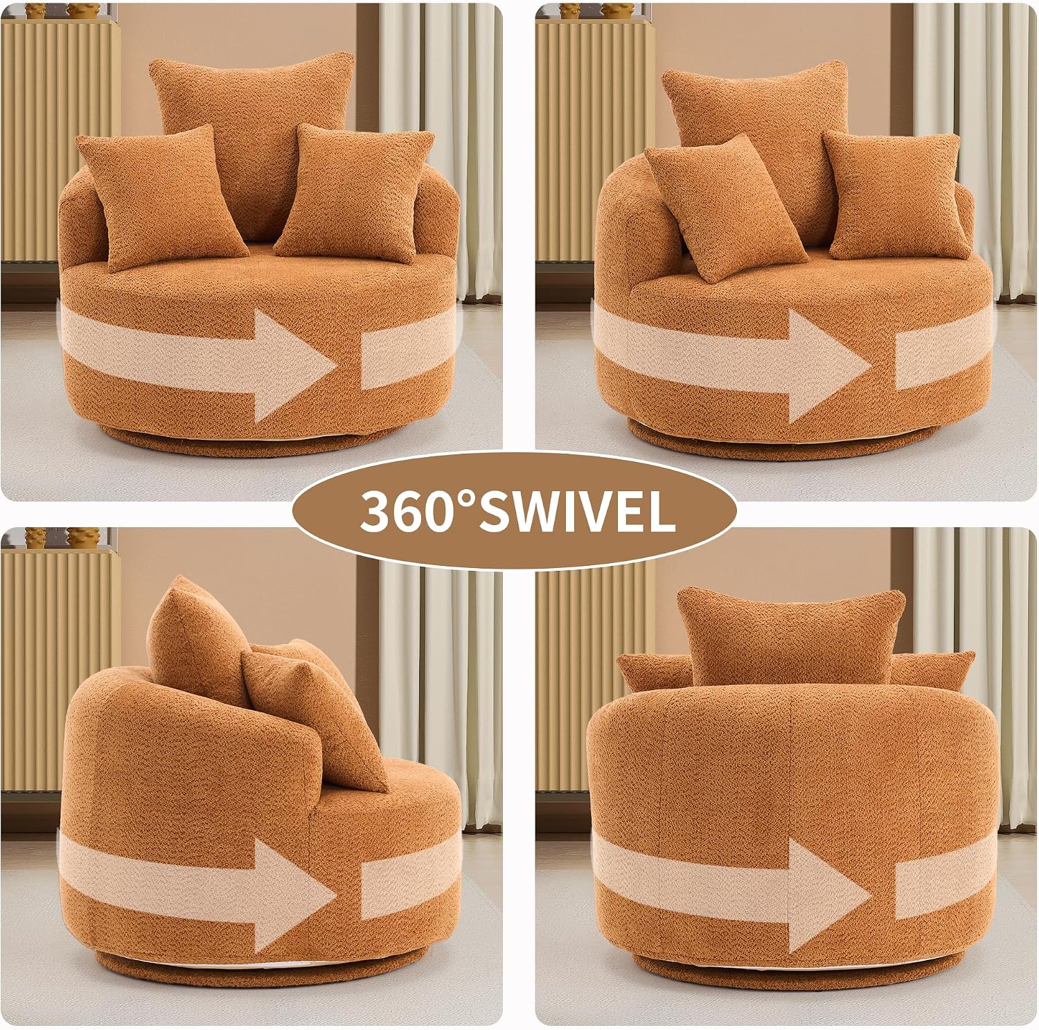 38.58 Inch Single Seat Swivel Sofa Chair,Classical Barrel Shaped Couch,Crochet Yarn Fabric Couches with 3 Pillows,Modern Compressed Sofas for Home Living Room Office Hotel Apartment