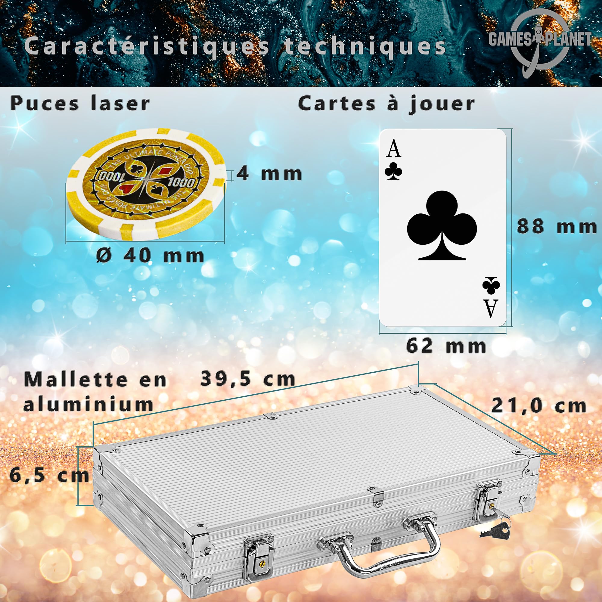GAMES PLANET Mallette de Poker avec 300 jetons Laser, édition Argent/Or/Noir - Sélection: Argent