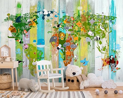 Miniatura 4 de Murwall Kids Wallpaper Child Map Wall Mural World Map Animal Wall Art Kindergarten Wall Decor Nursery World Map Murals Girls Bedroom Boys Bedroom